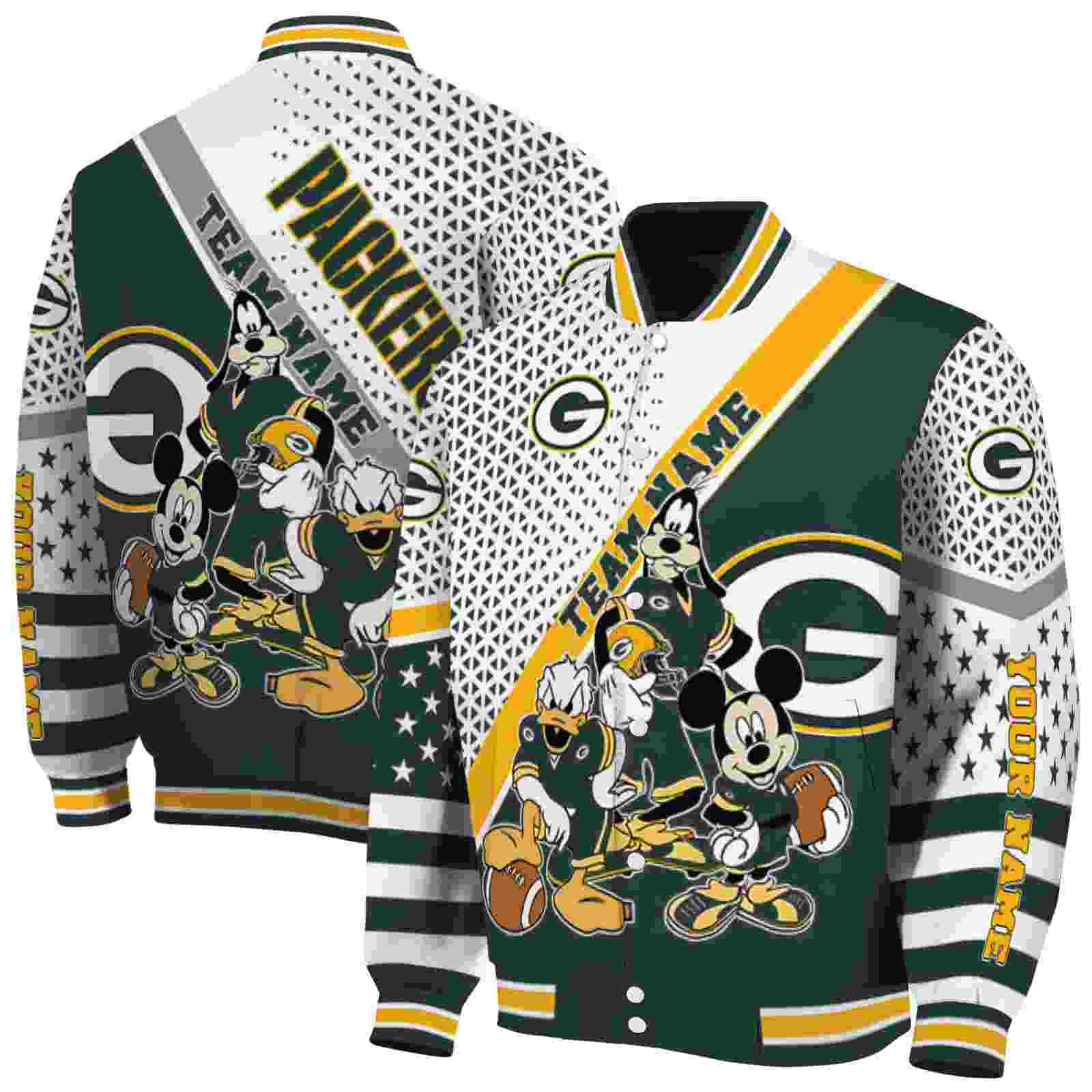 Green Bay Packers NFL Mickey Donald Goofy Green White Jacket Customized Gift For Sport Team Fans 