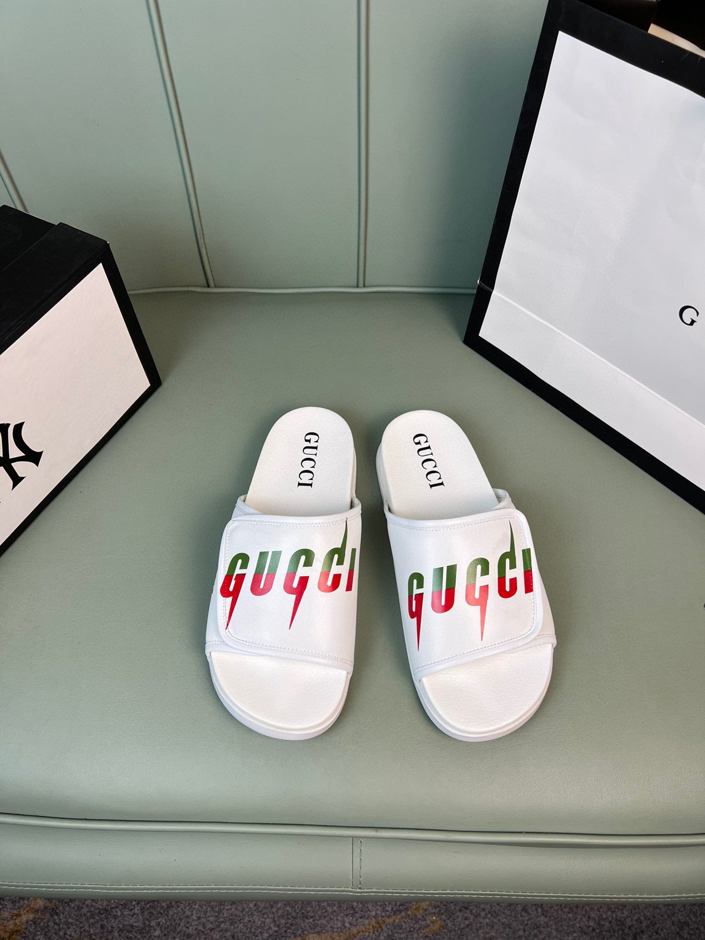 Gucci Adjusted Strap And Logo Slides In White, Men