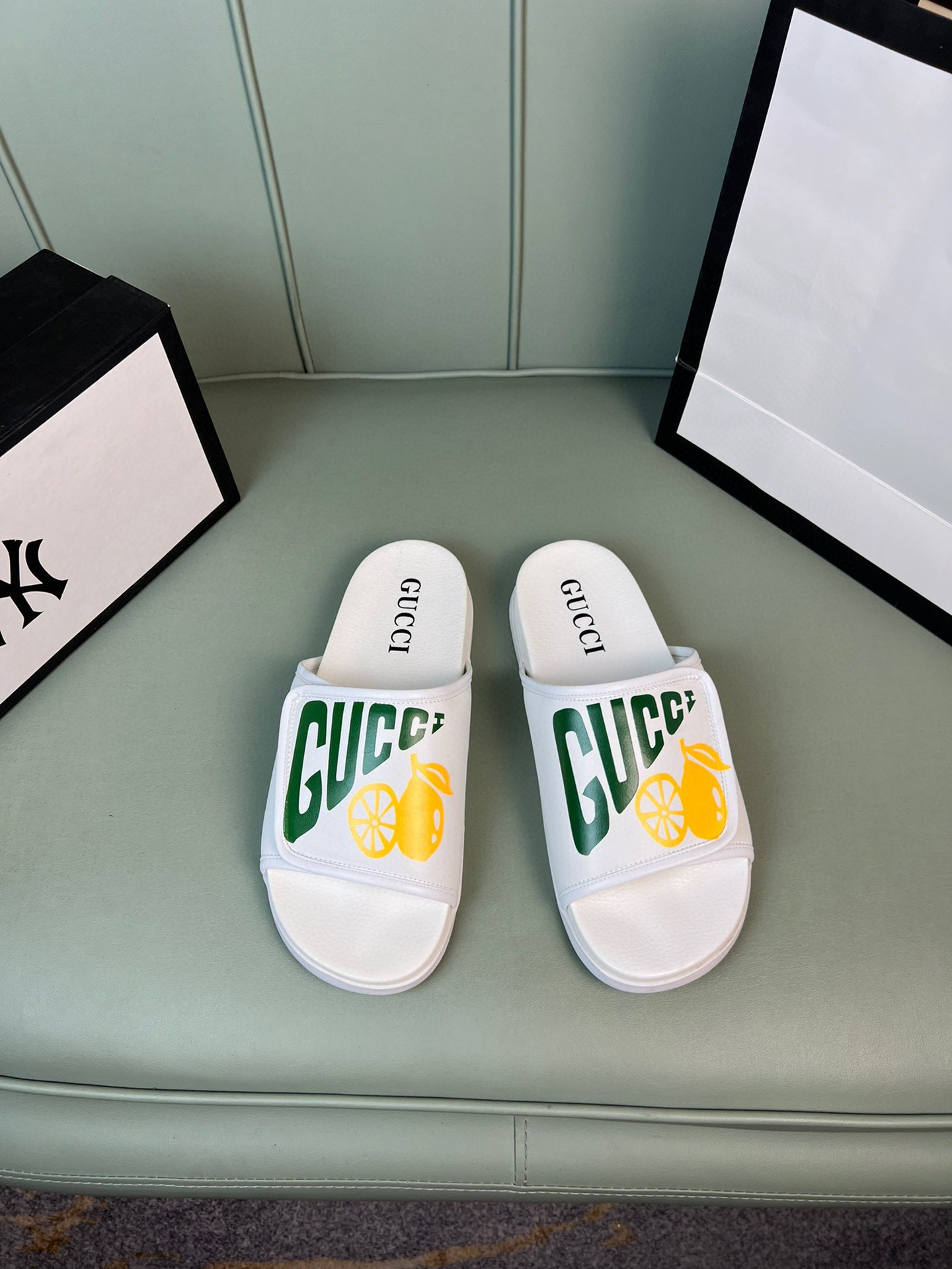 Gucci Adjusted Strap With Logo And Lemon Slides In White, Men