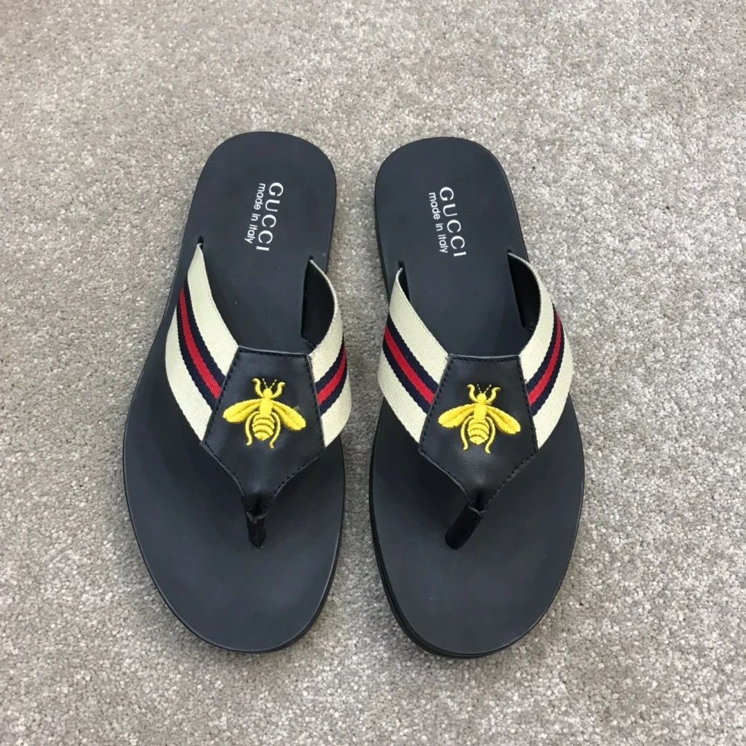Gucci Bee Pattern Signature Stripes Strap Black And Beige Flip Flops