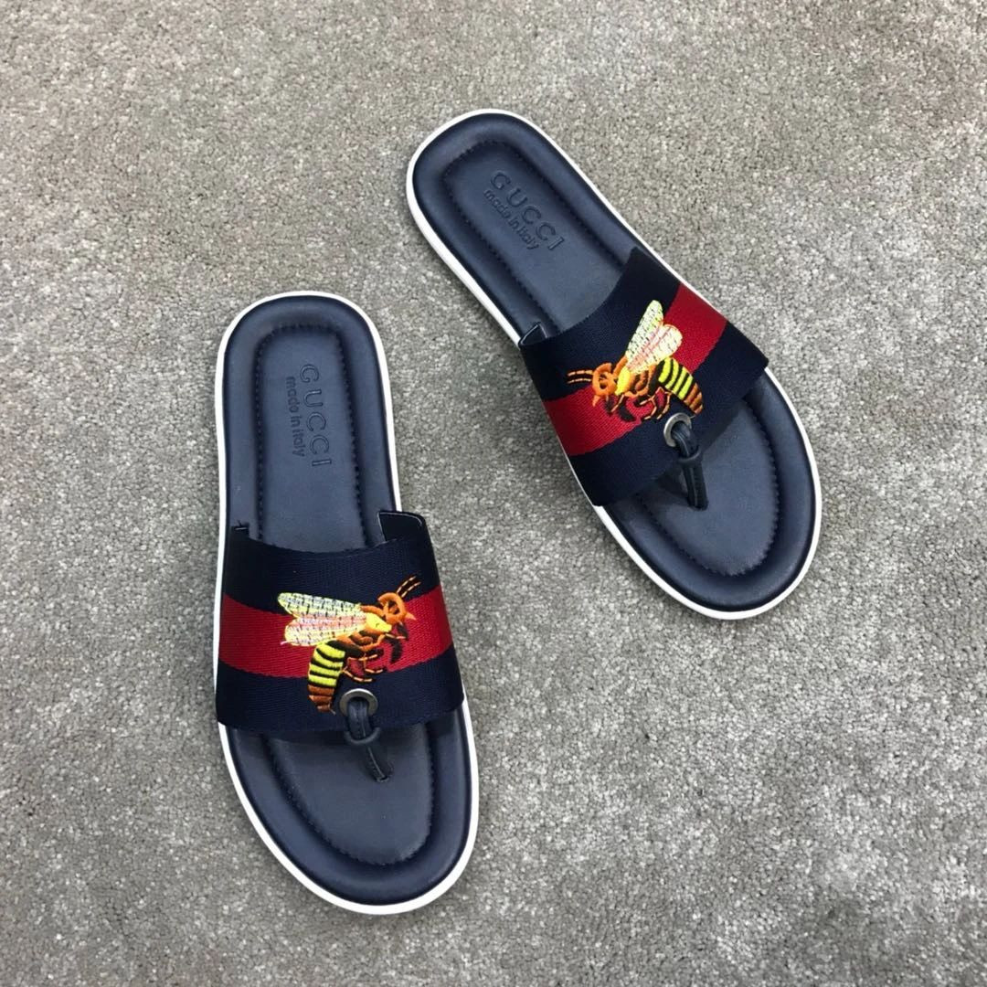 Gucci Bee Print On Signature Stripes Black And Dark Blue Sandals