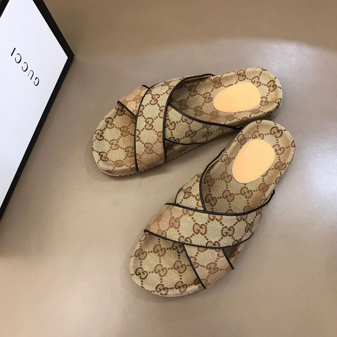 Gucci Beige Canvas Slide Sandals With Web