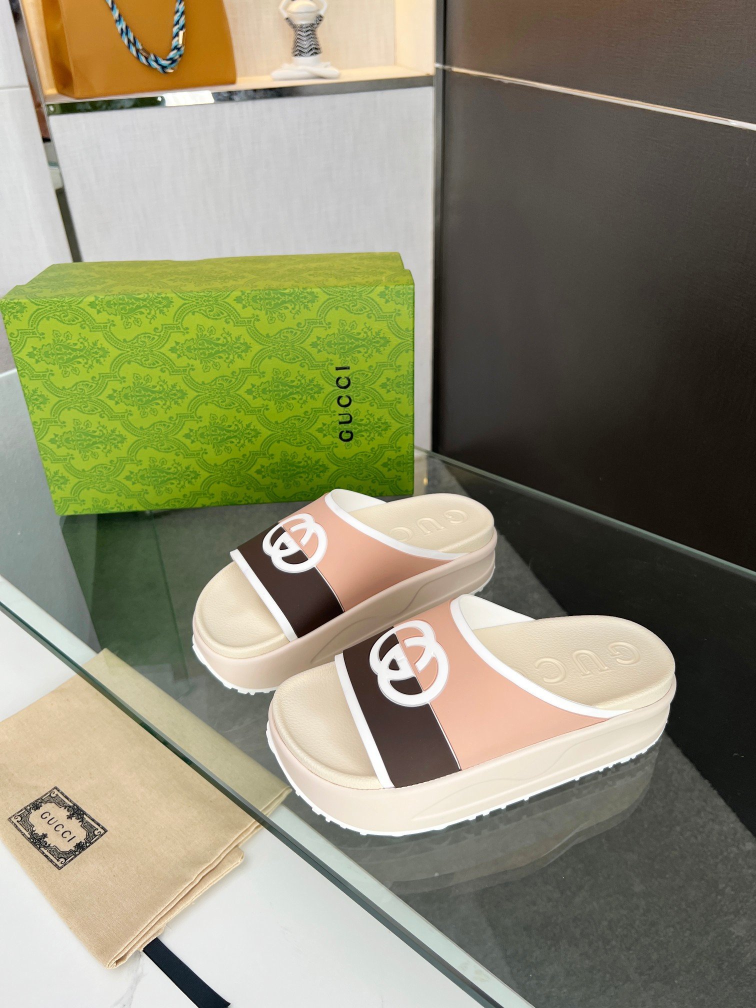 Gucci Beige/Brown Striped Interlocking G Slide Sandal In Almond Rubber