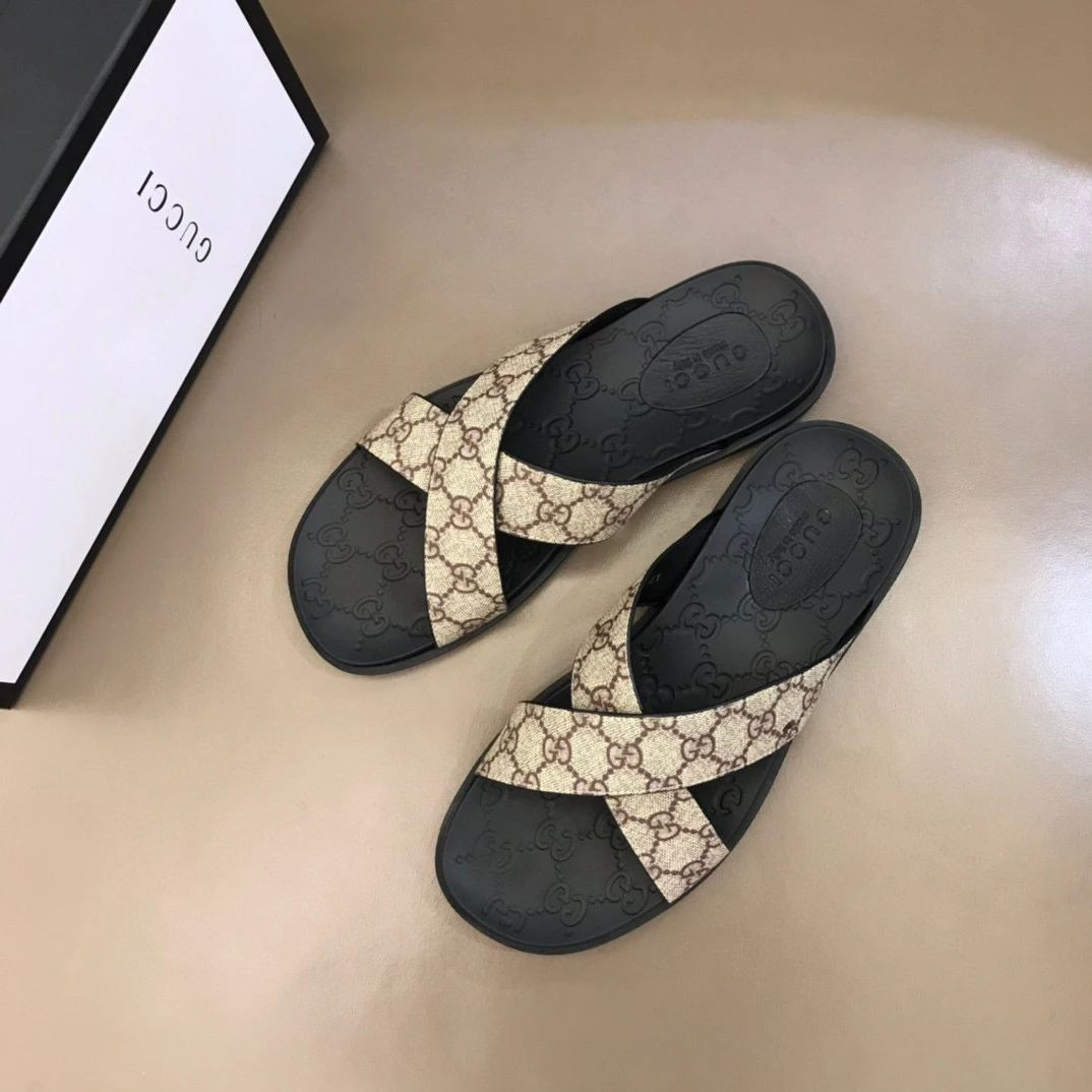 Gucci Black And Beige Slippers With Gg Web Design