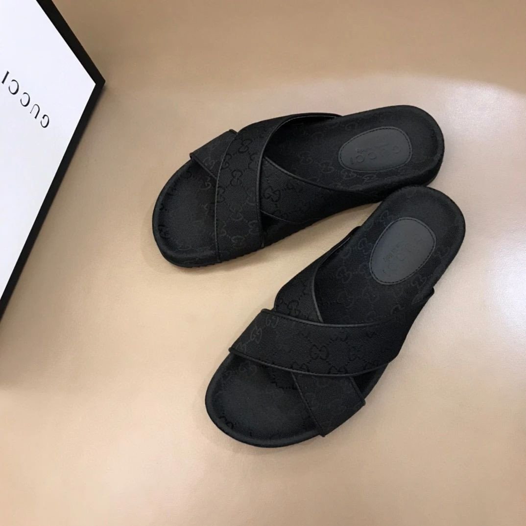 Gucci Black Canvas Slide Sandals With Web