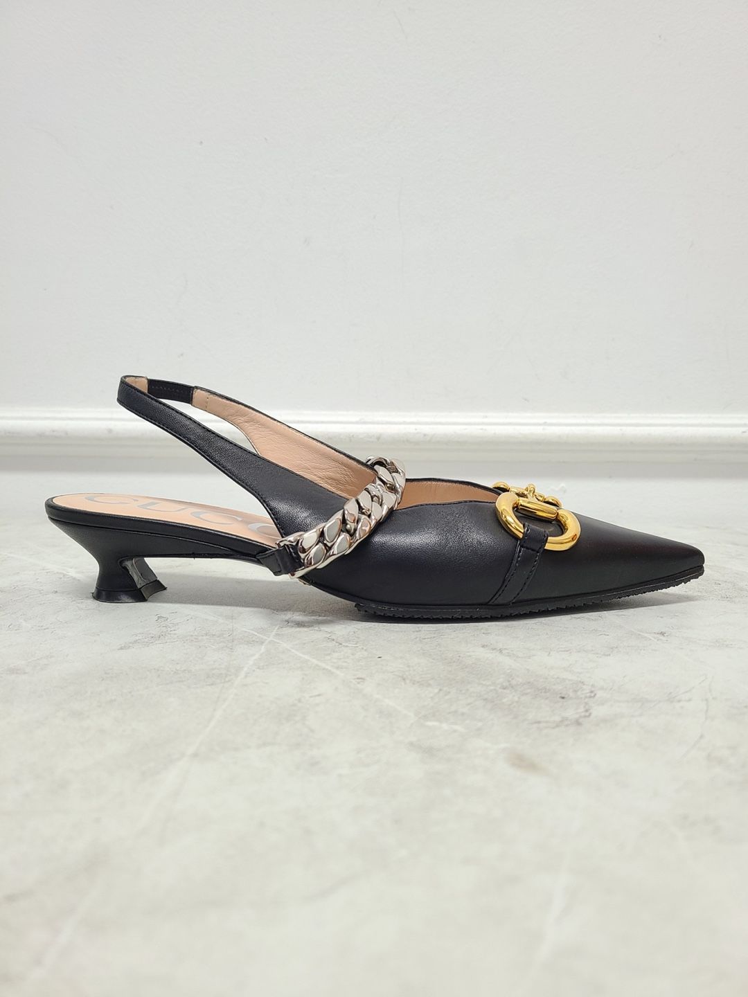 Gucci Black Leather Horsebit Slingback Shoes SKU 37