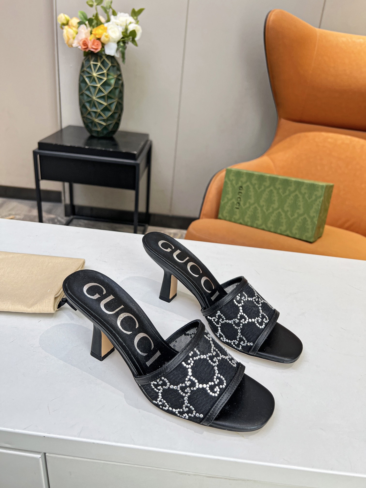 Gucci GG Mid-Heel Slide Sandal Mesh And Leather In Black