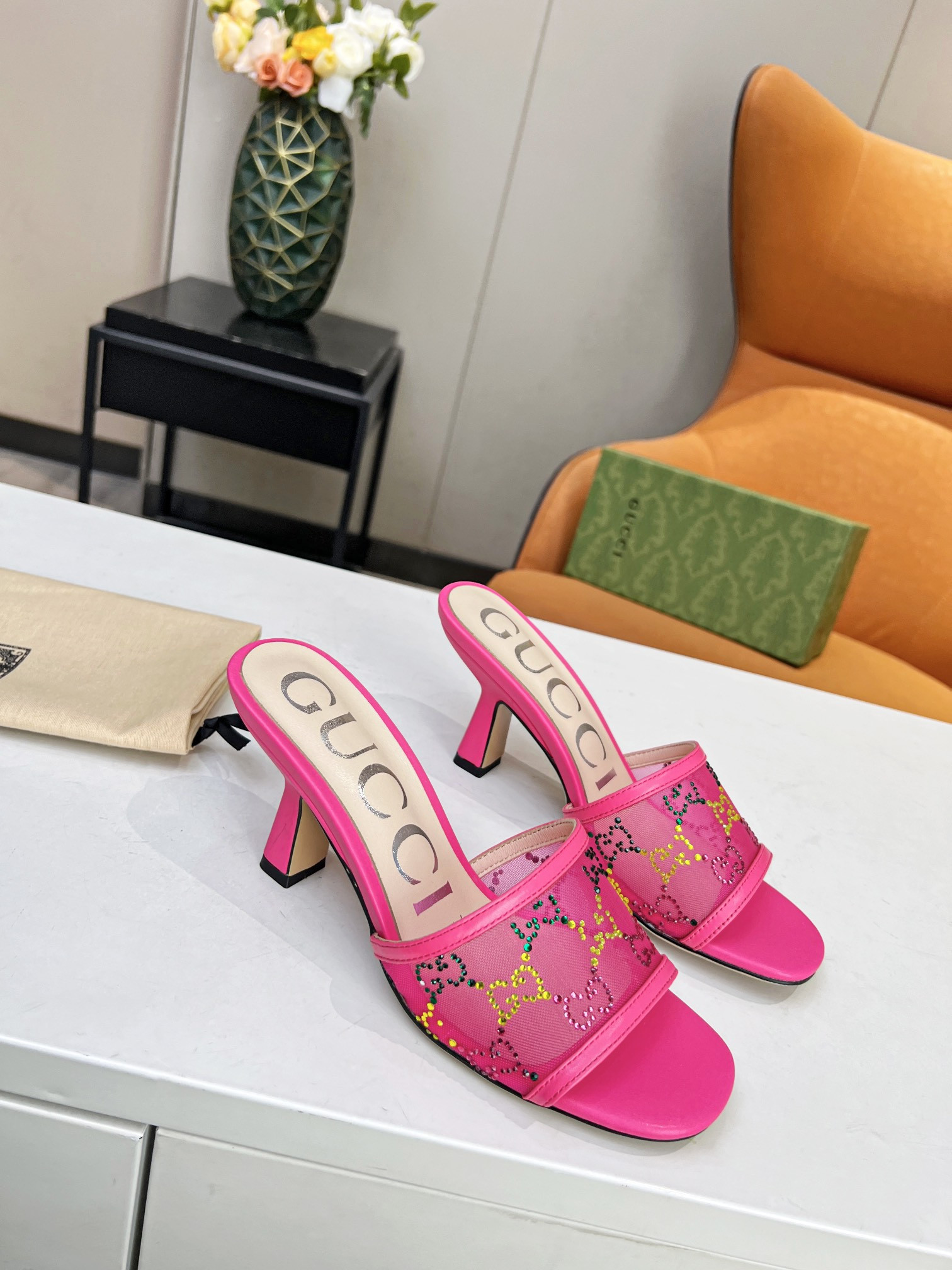 Gucci GG Mid-Heel Slide Sandal Mesh And Leather In Pink