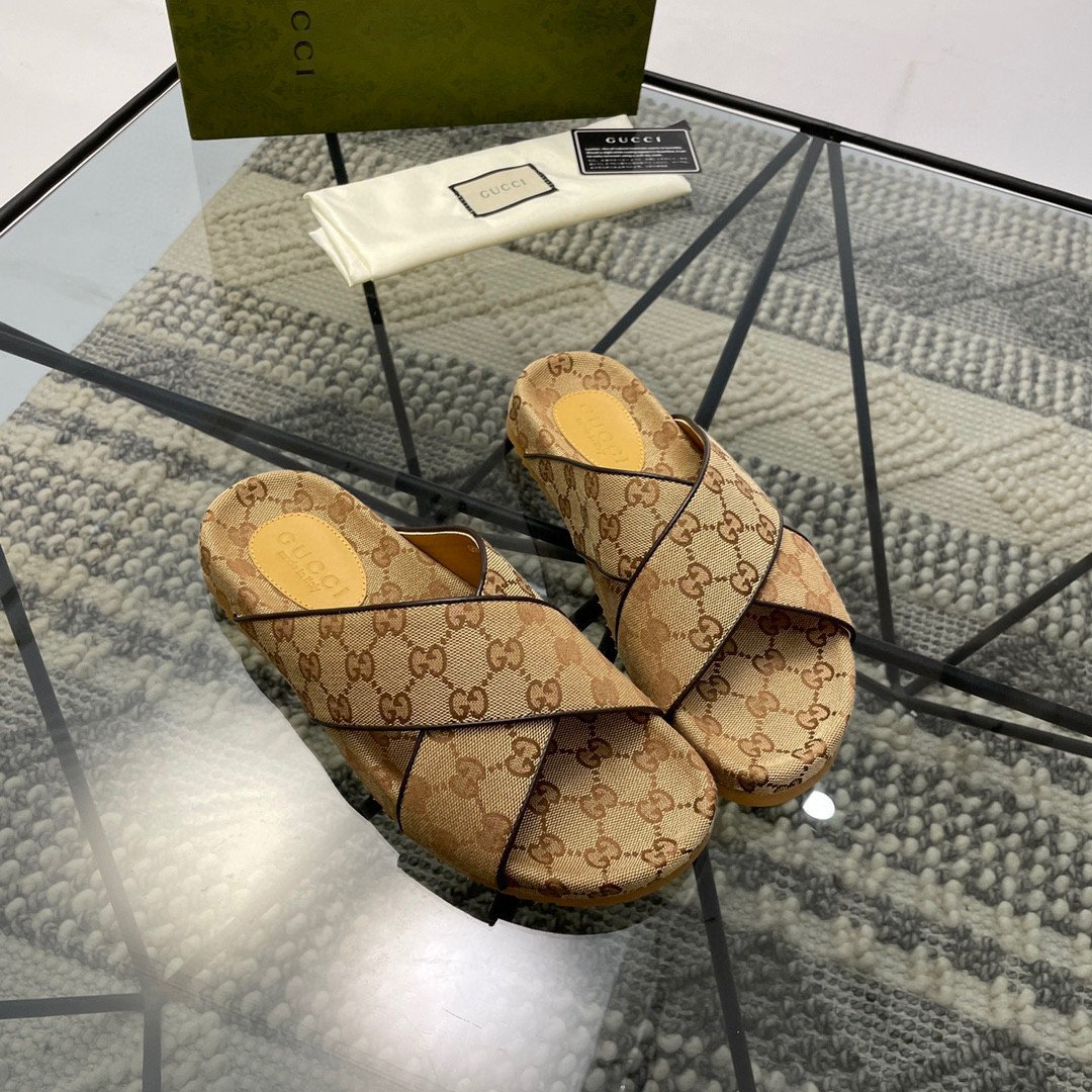 Gucci GG Motif Double Strap Slide Sandal In Brown, Men