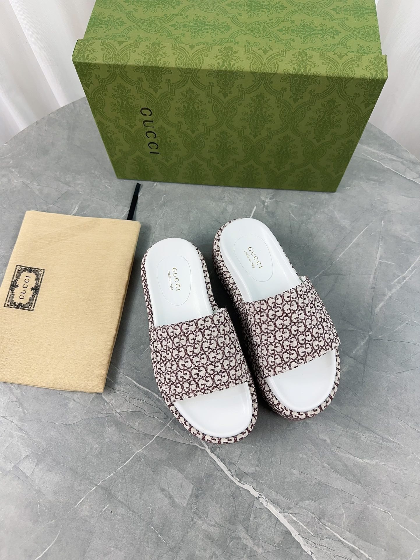 Gucci GG Platform Slide Sandal In Brown/Ivory Canvas Jacquard