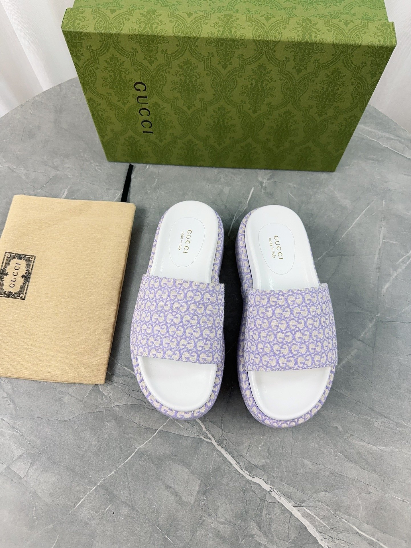 Gucci GG Platform Slide Sandal In Purple/Ivory Canvas Jacquard