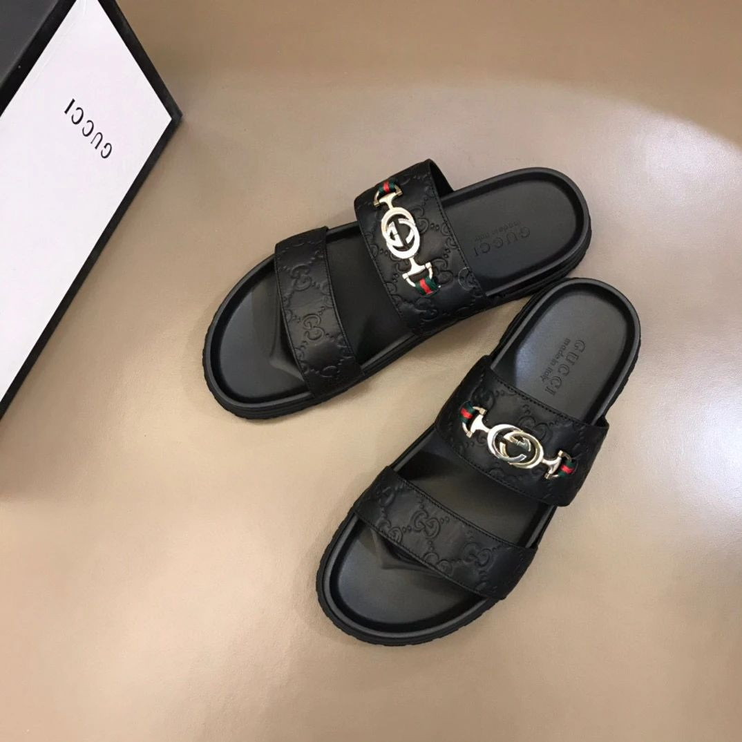 Gucci Gg Silver Logo Black Leather Slide Sandals With Web