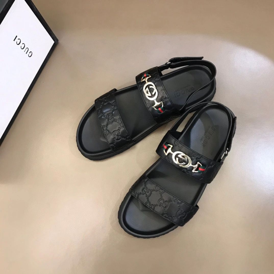 Gucci Gg Silver Logo Black Slide Sandals With Web