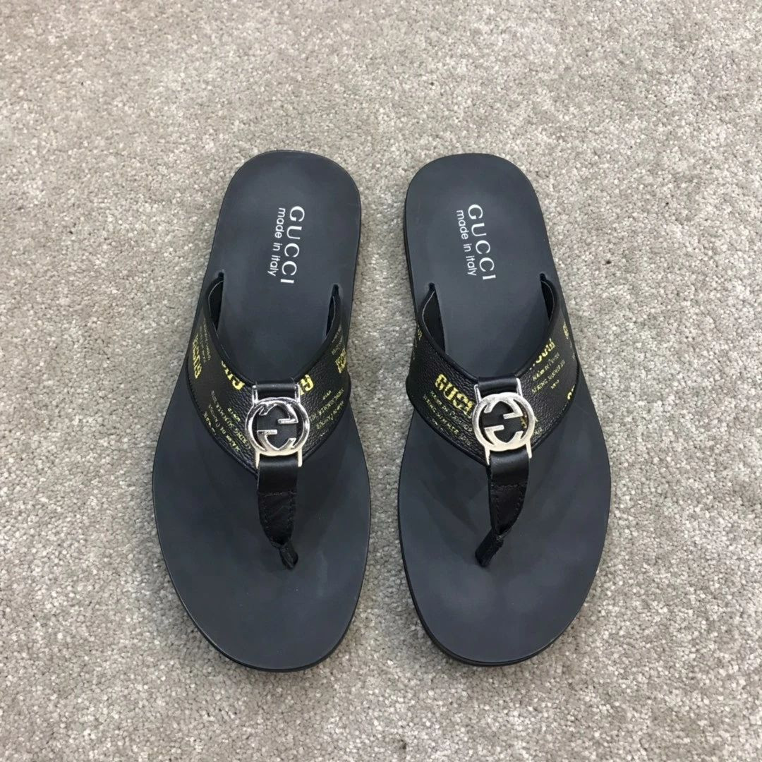 Gucci Gg Silver Logo Text On Strap Black Flip Flops