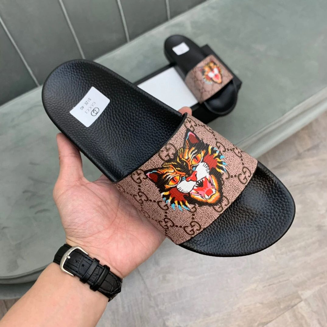 Gucci Gg Supreme Monogram Head Tiger Slide Sandals In Black And Orange