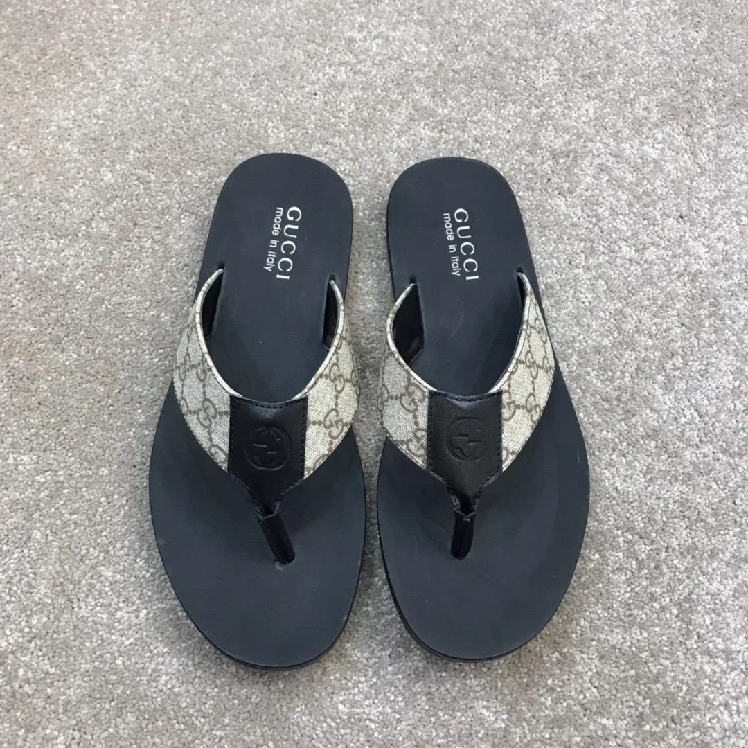 Gucci Gg Web Beige Strap Black Flip-flops
