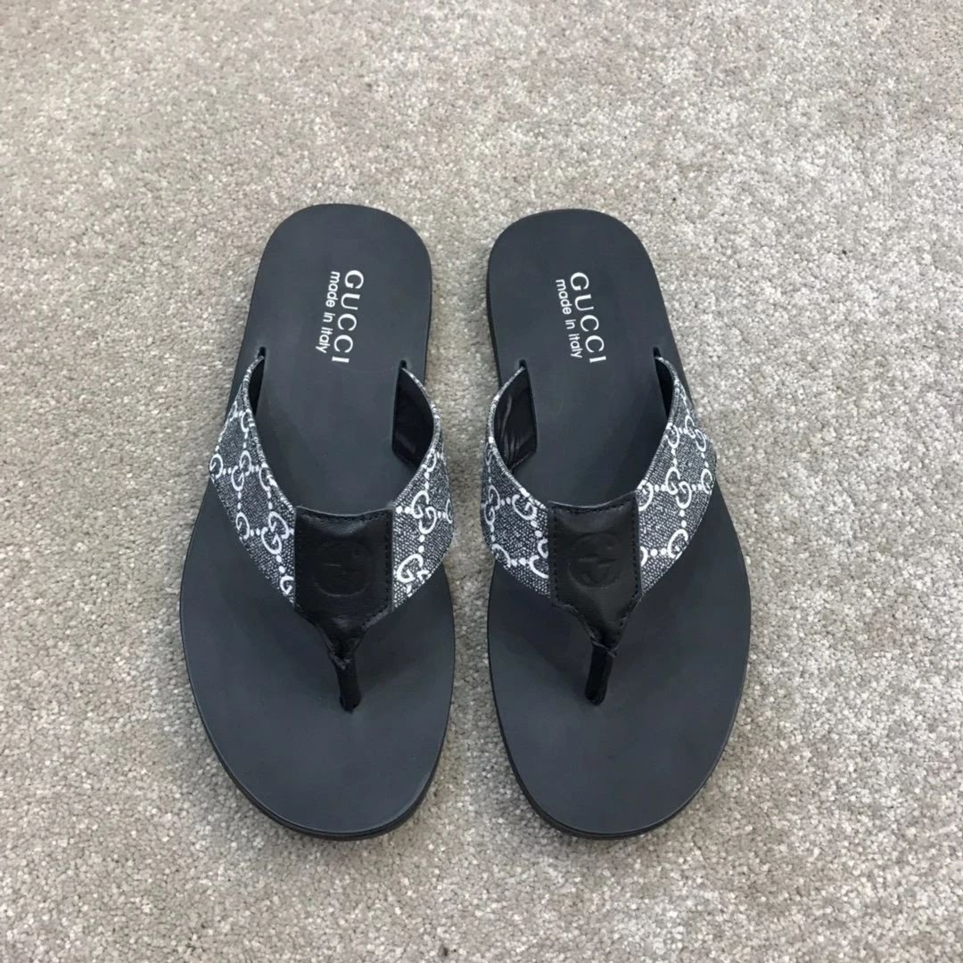 Gucci Gg Web Grey Strap Black Flip-flops