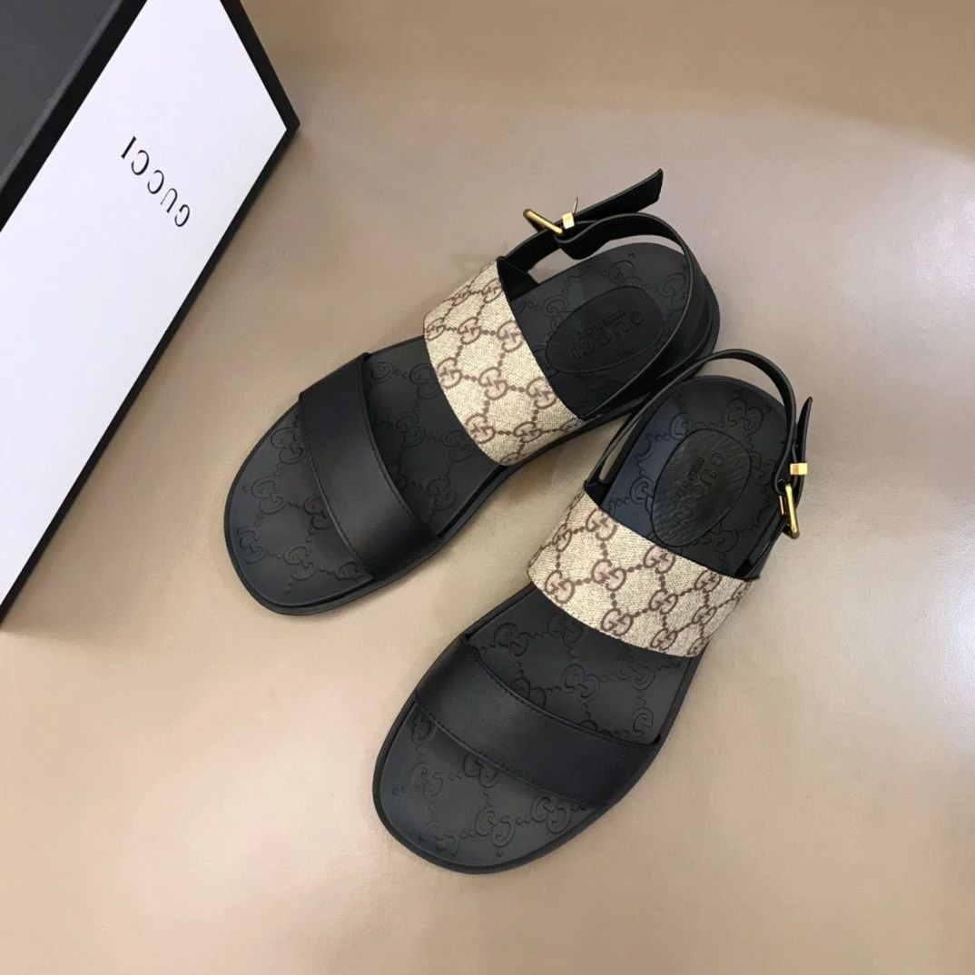 Gucci Gold Buckle Slippers In Black And Beige With Web