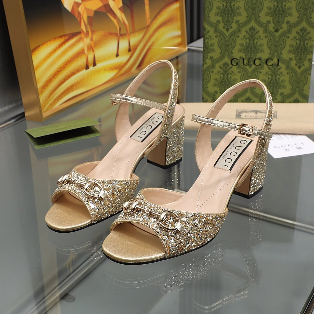 Gucci Horsebit Mid-Heel Sandal In Metallic Gold Leather With Crystals