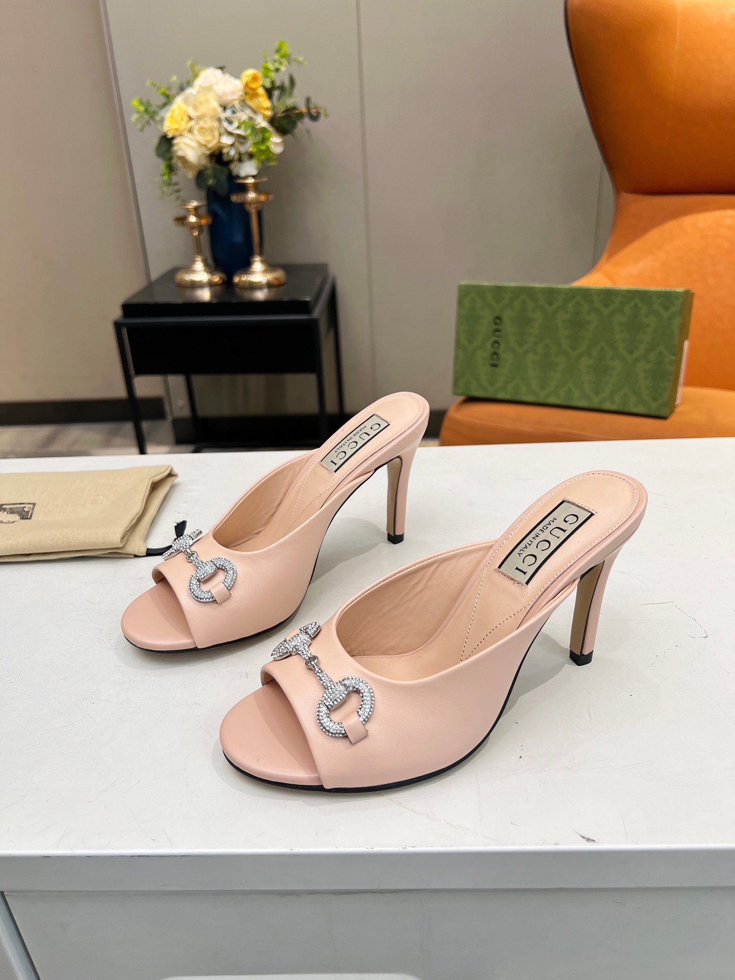 Gucci Horsebit Mid-Heel Slide Sandal In Almond Calfskin