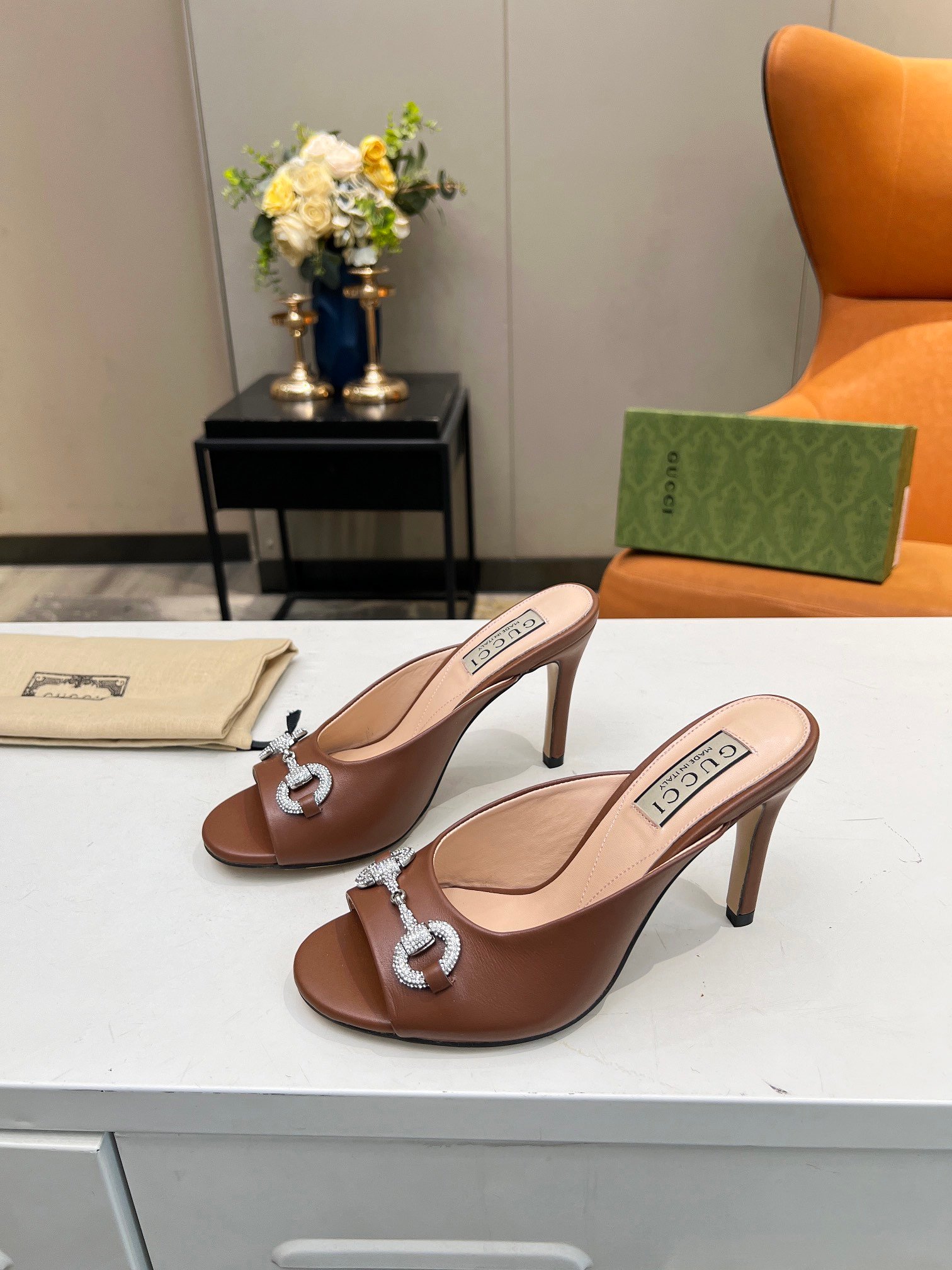 Gucci Horsebit Mid-Heel Slide Sandal In Brown Calfskin