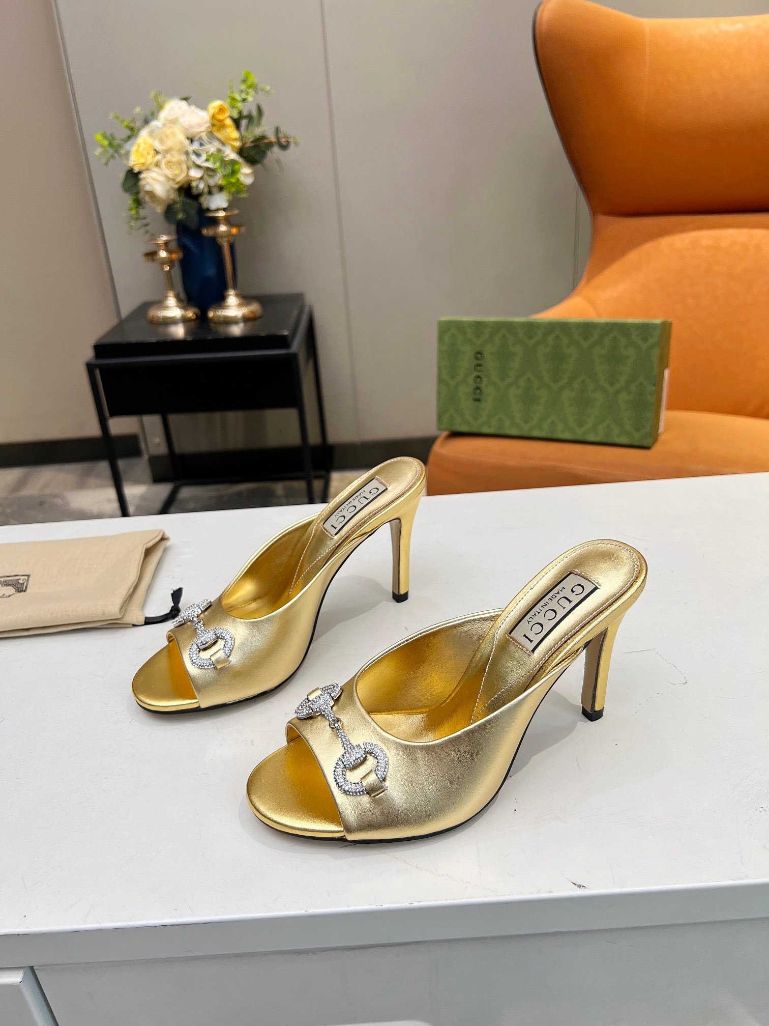Gucci Horsebit Mid-Heel Slide Sandal In Gold Metallic Leather