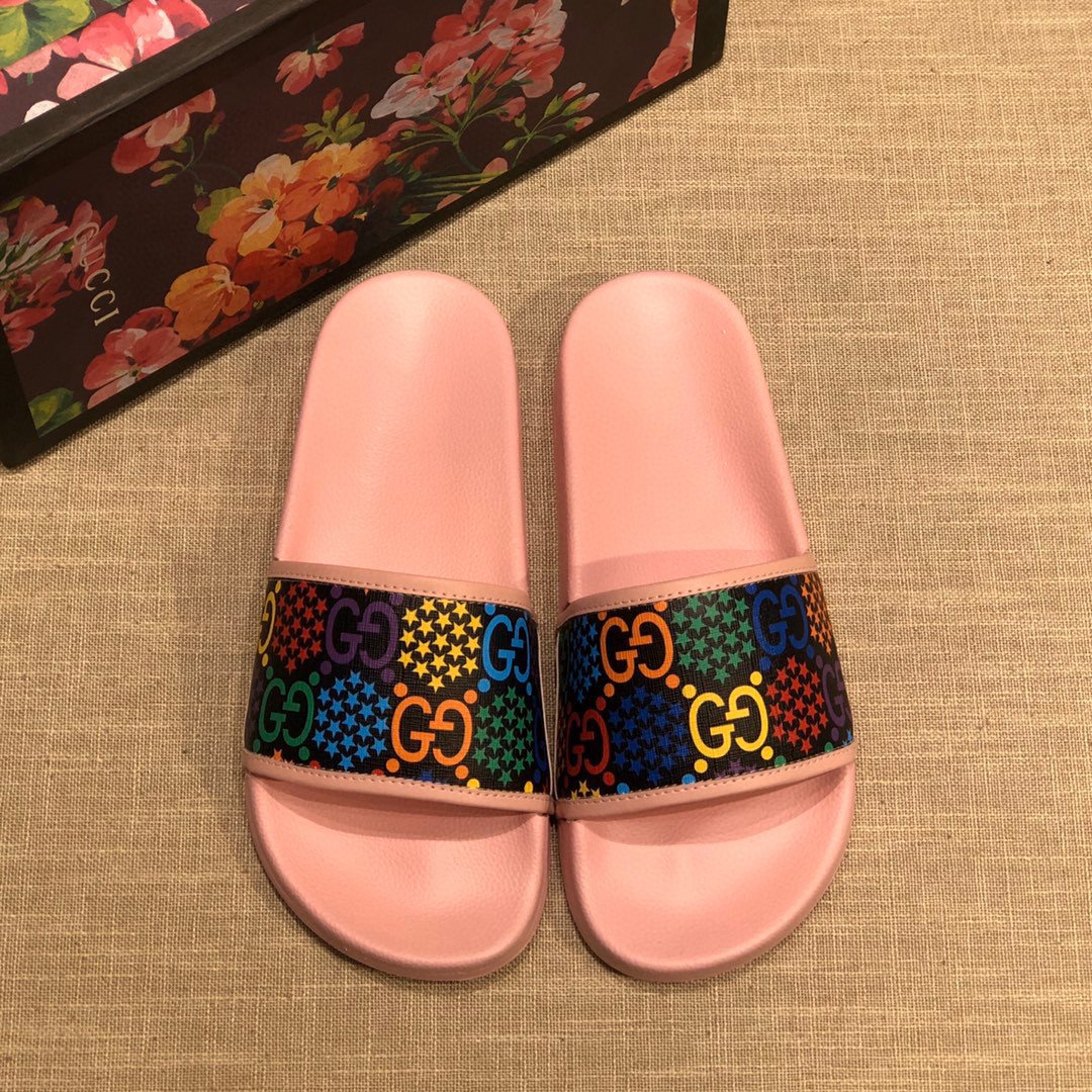 Gucci Pink Rubber Sole Slide Sandal In Multicolor Strap