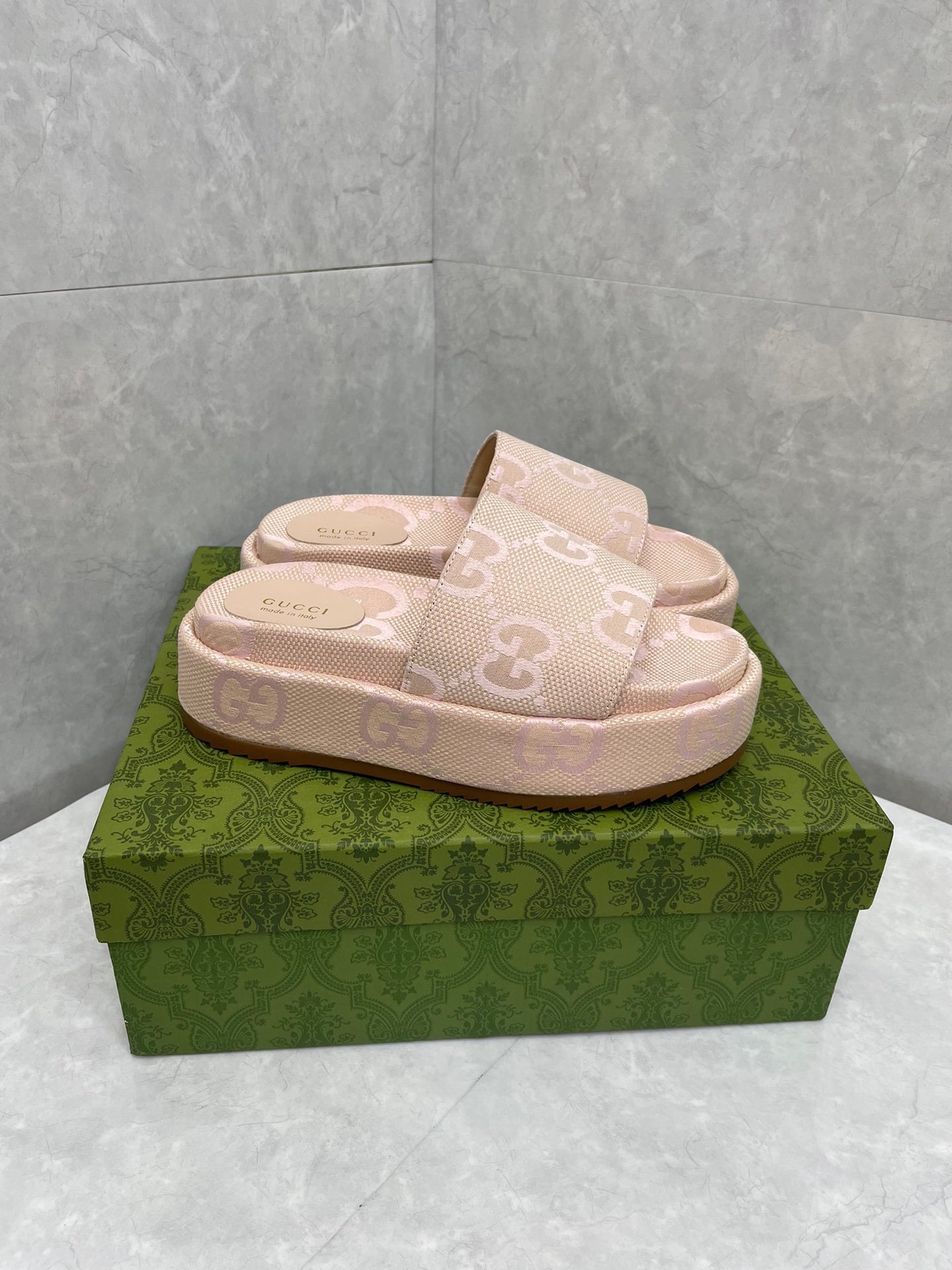 Gucci Platform Slide Sandal GG Canvas In Light Beige