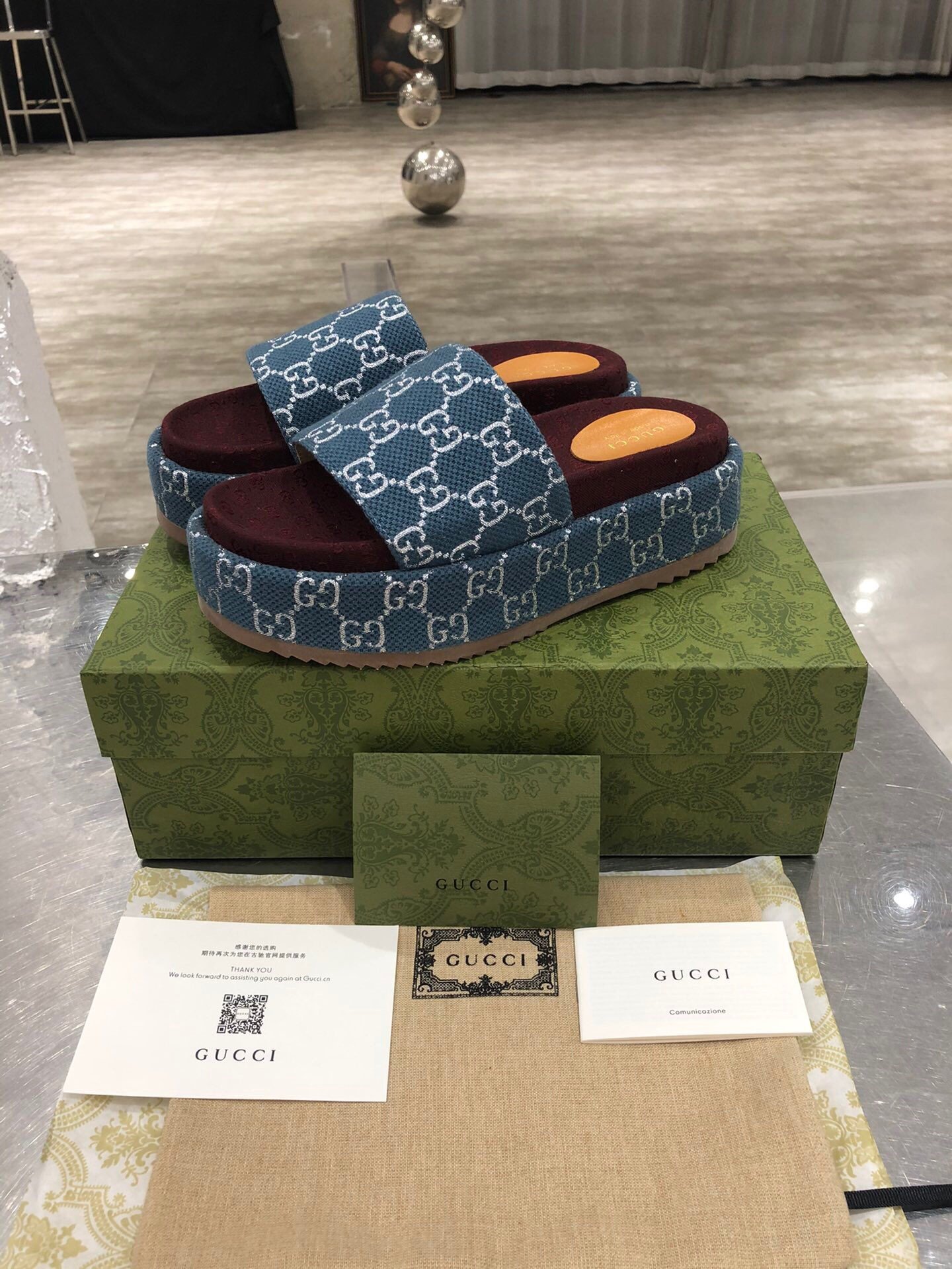 Gucci Platform Slide Sandal GG Canvas Jacquard In Blue/White