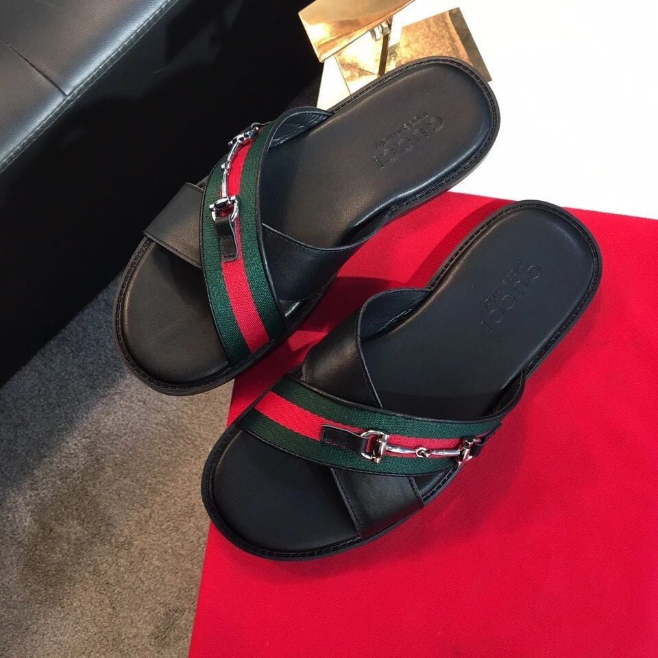 Gucci Signature Stripes Cross Strap Black Sandals