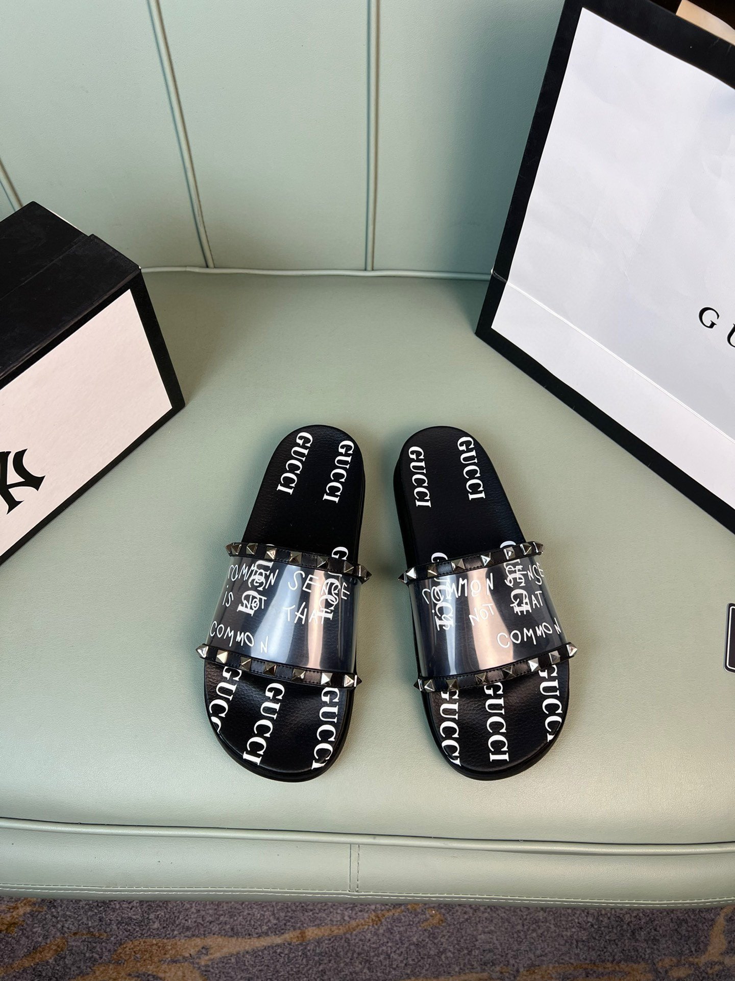 Gucci Slide With Gucci Logo In Black Transparent Rubber, Men