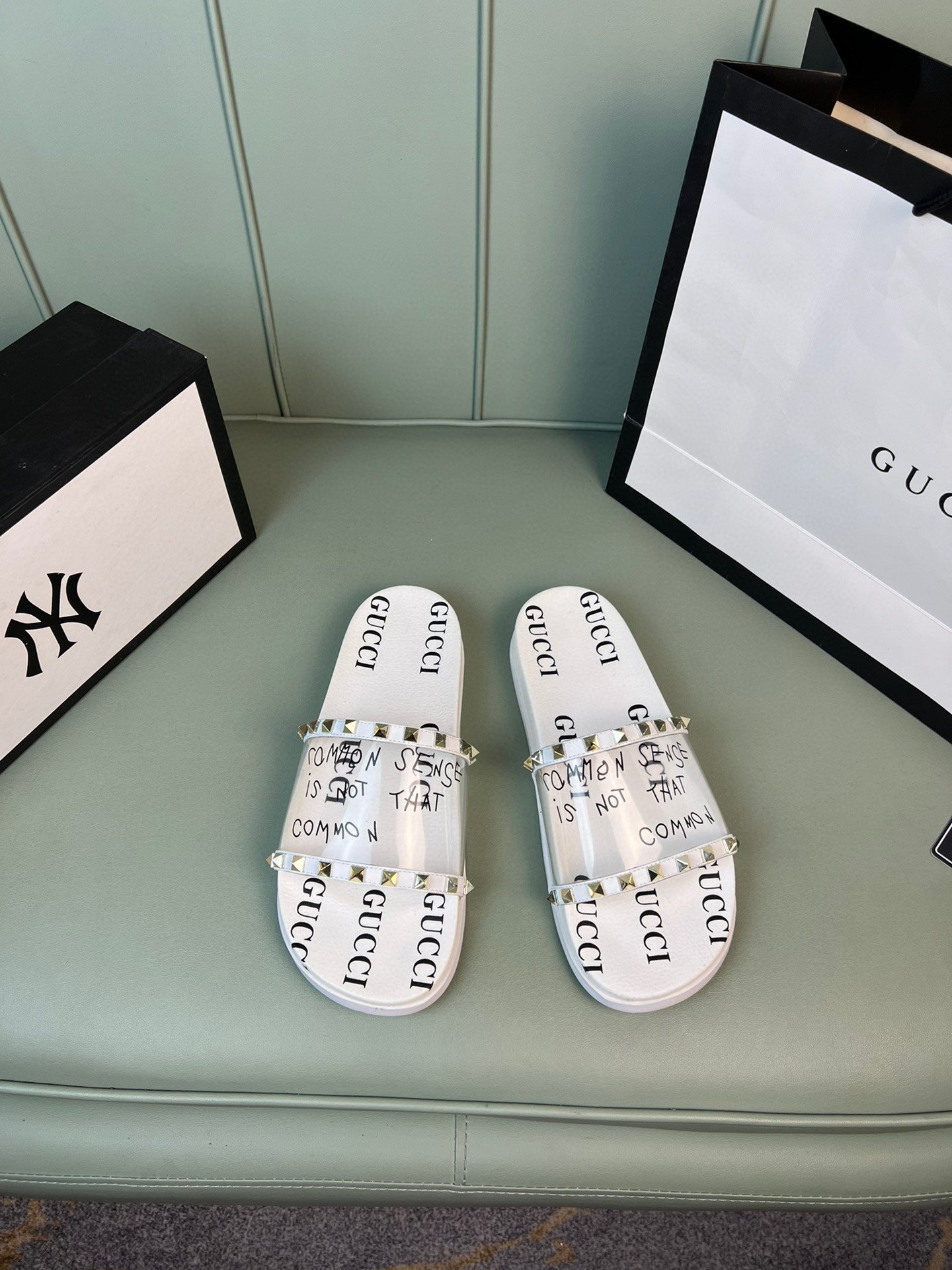 Gucci Slide With Gucci Logo In White Transparent Rubber, Men