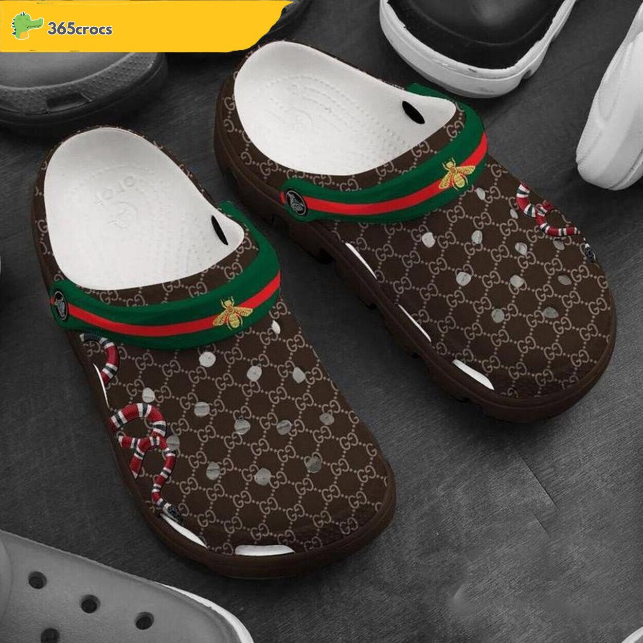 Gucci Snake Fly Vintage Crocs Web Brown Slippers Stylish Comfort 