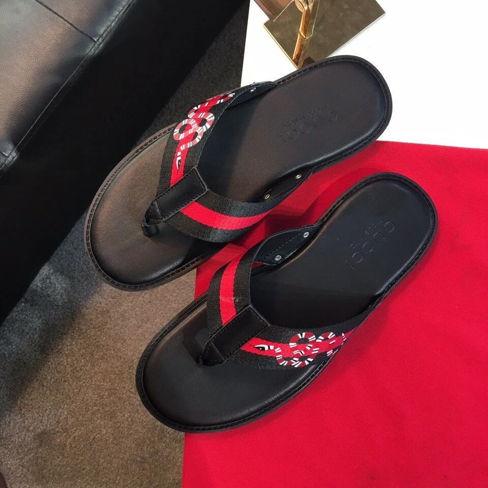 Gucci Snake Pattern Navy And Red Stripes Black Flip Flops