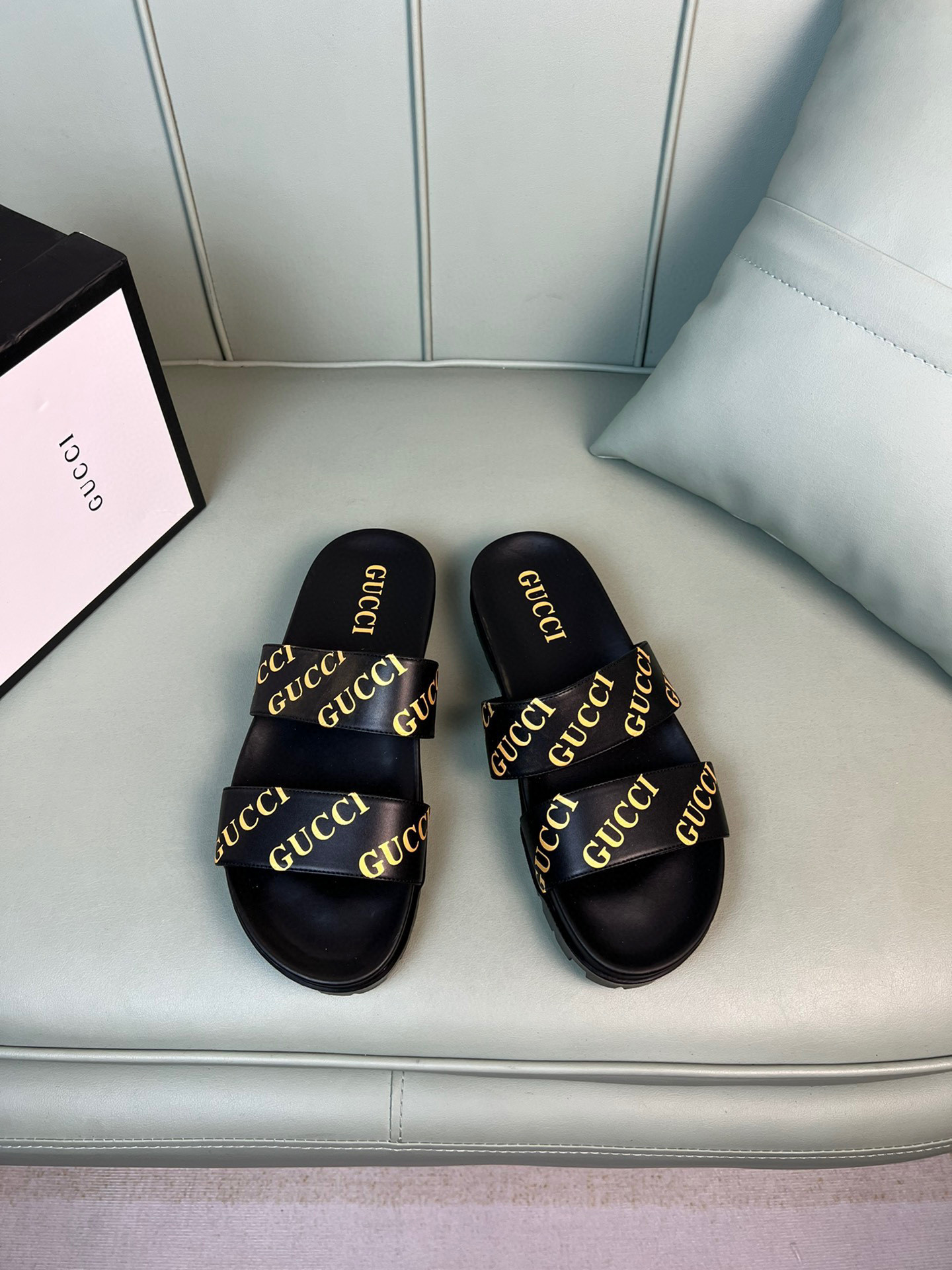 Gucci Yellow Logo Slide Sandal In Black, Men