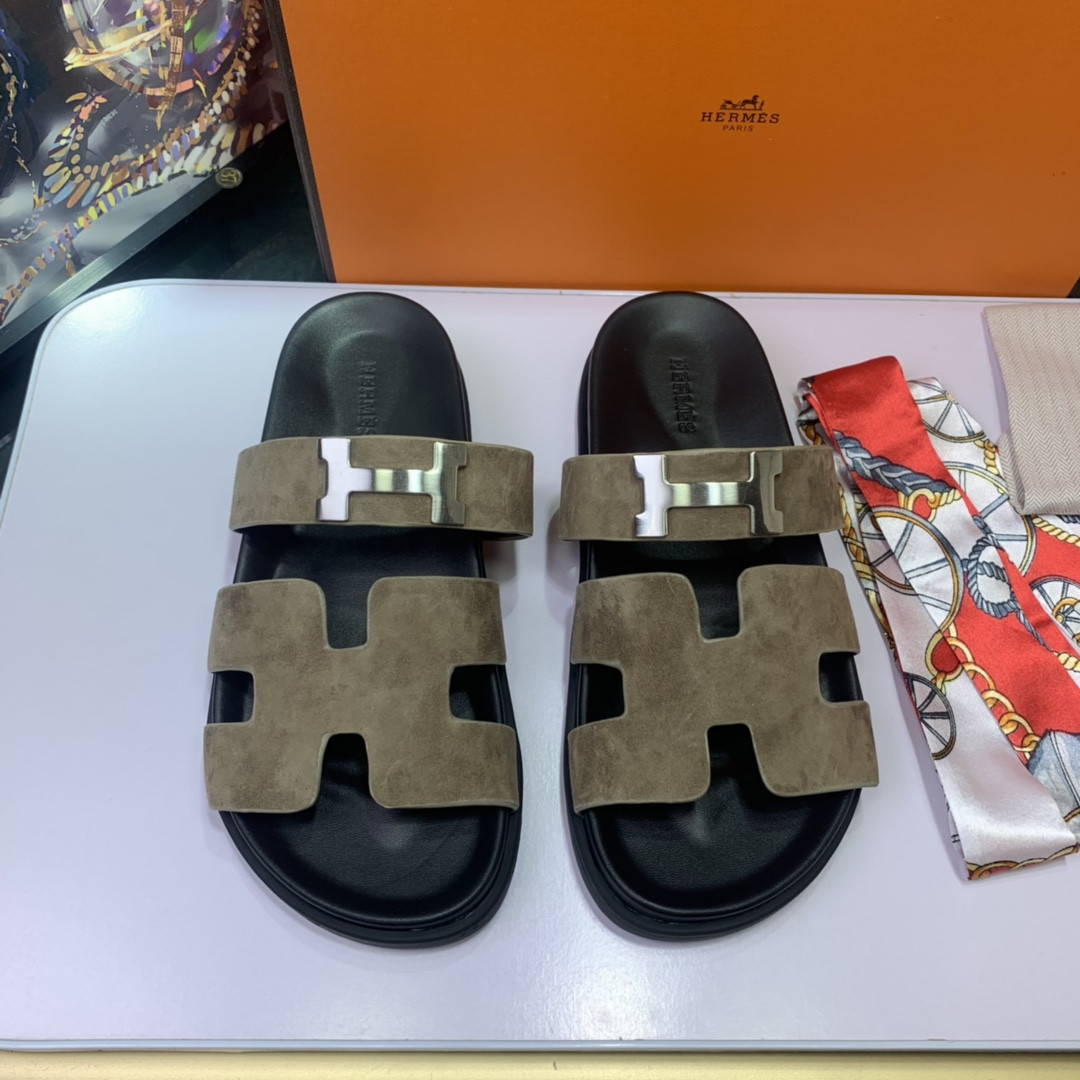 Hermes Chypre Sandal H Metal In Beige Sheepskin Suede