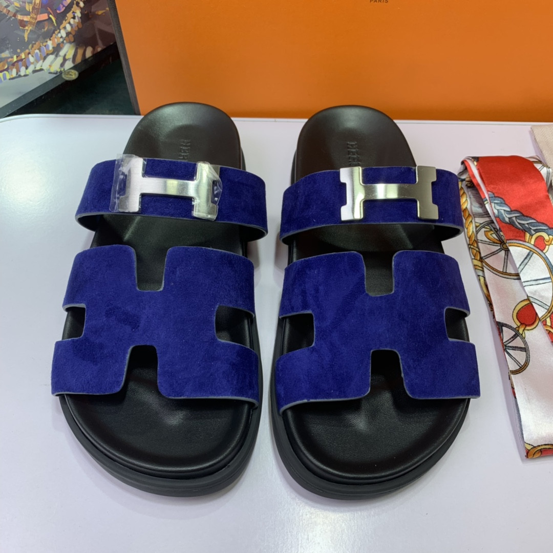 Hermes Chypre Sandal H Metal In Navy Sheepskin Suede