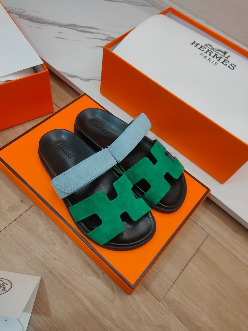 Hermes Chypre Sandal Suede Sheepskin In Green/Blue