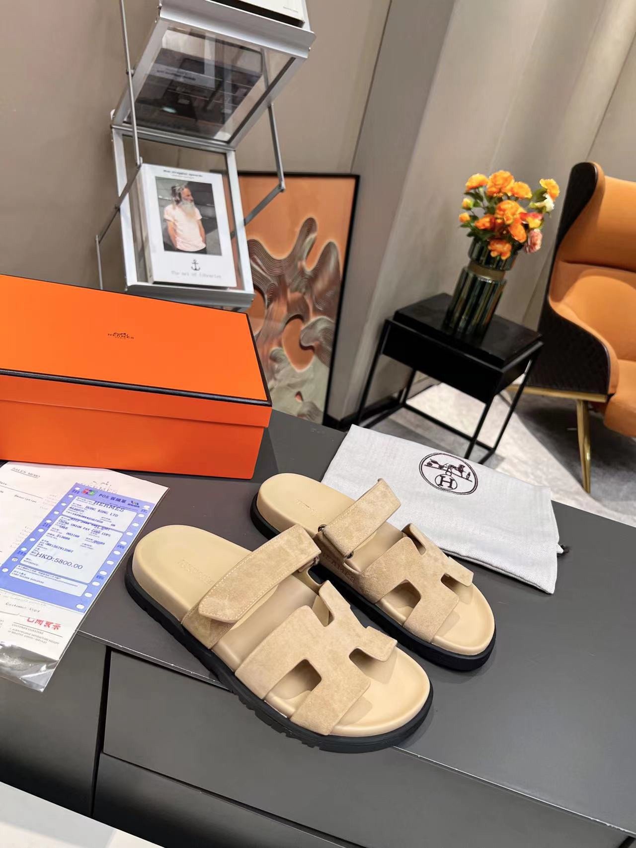 Hermes Chypre Sandal Suede Sheepskin In Oatmeal