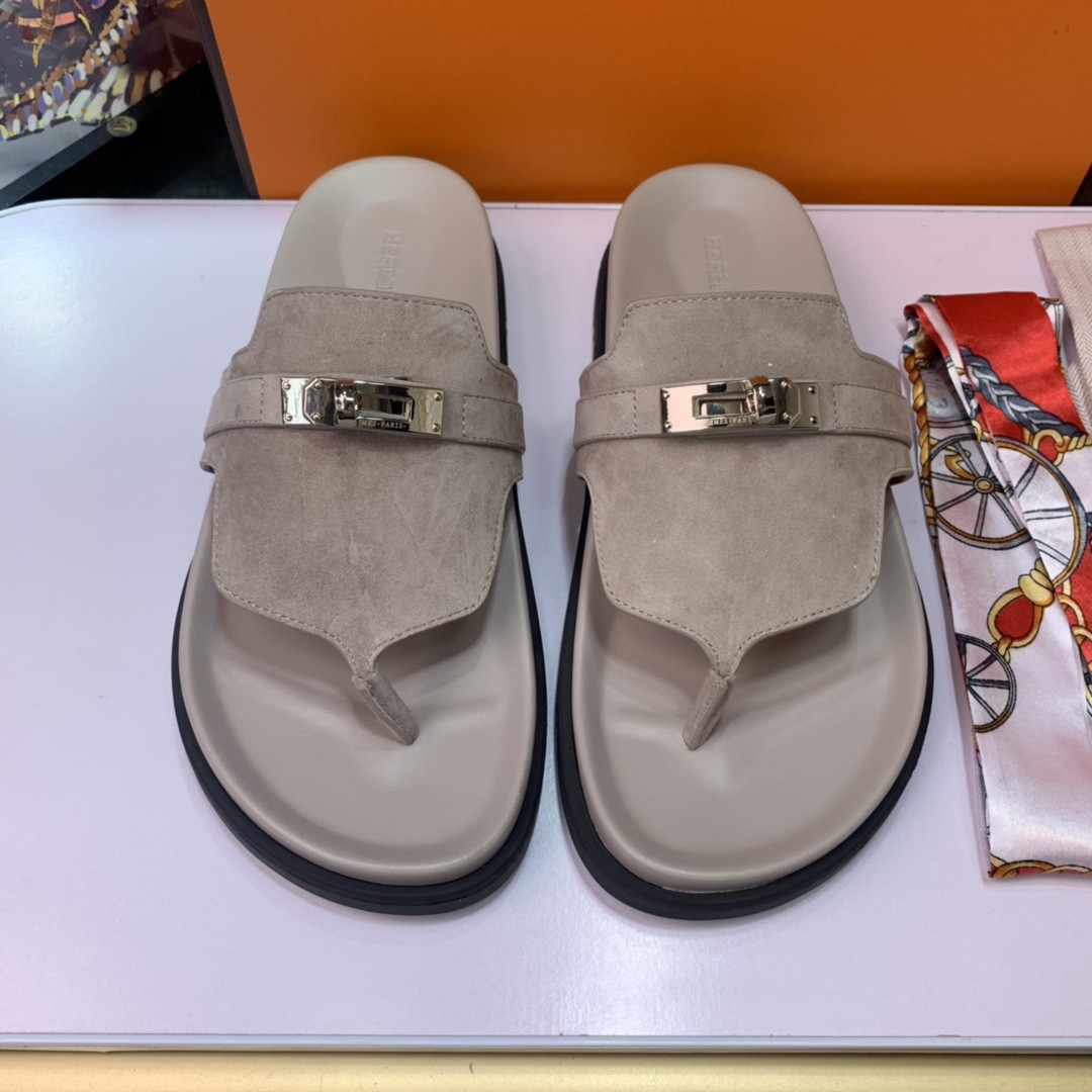 Hermes Empire Sandal In Beige Mastic Suede Sheepskin
