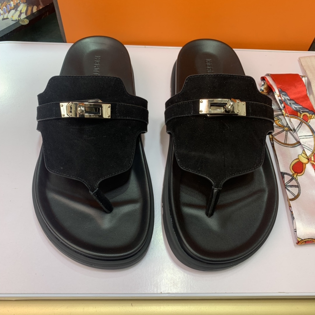 Hermes Empire Sandal In Black Suede Sheepskin