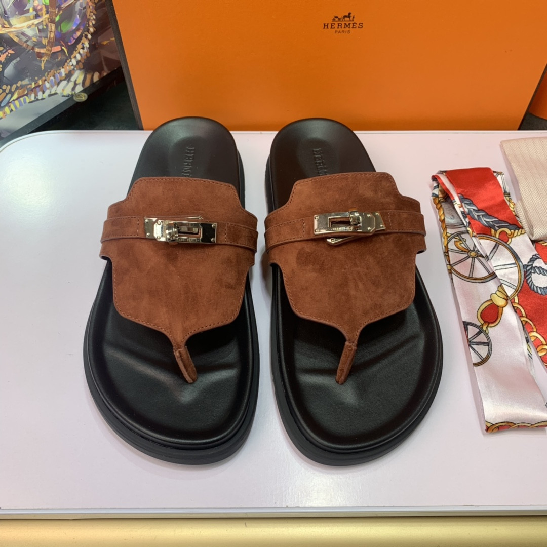 Hermes Empire Sandal In Dark Brown Suede Sheepskin