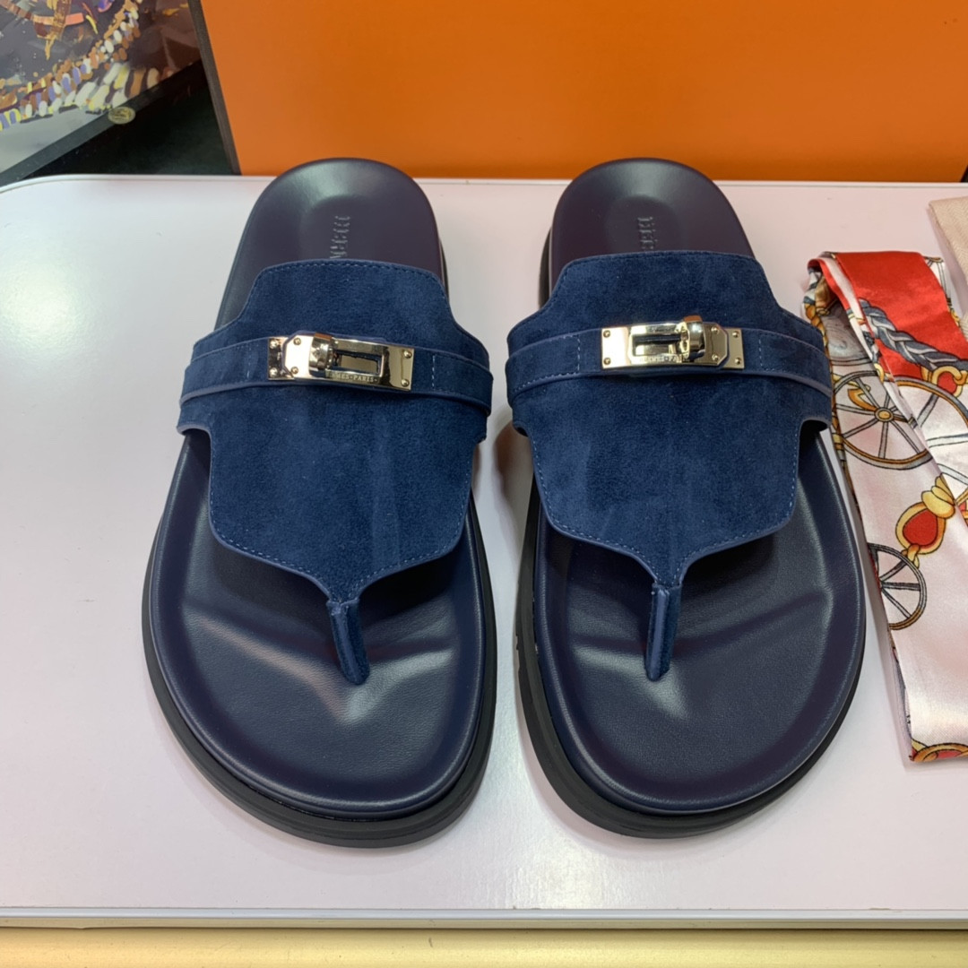Hermes Empire Sandal In Navy Suede Sheepskin