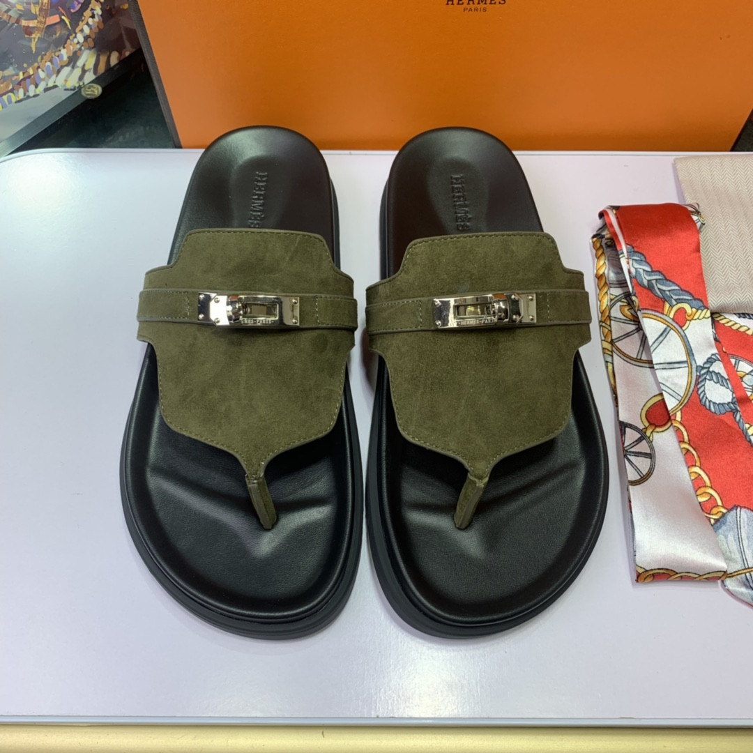 Hermes Empire Sandal In Olive Green Suede Sheepskin