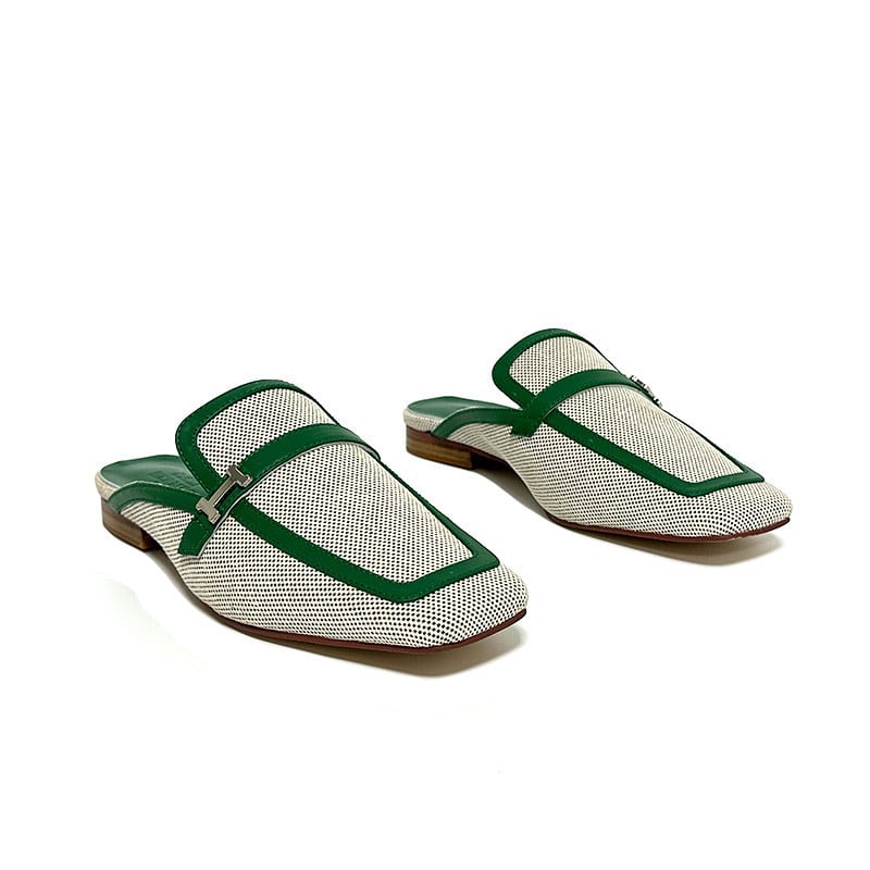 Hermes Groupie Mules In H Canvas And Green Cowhide