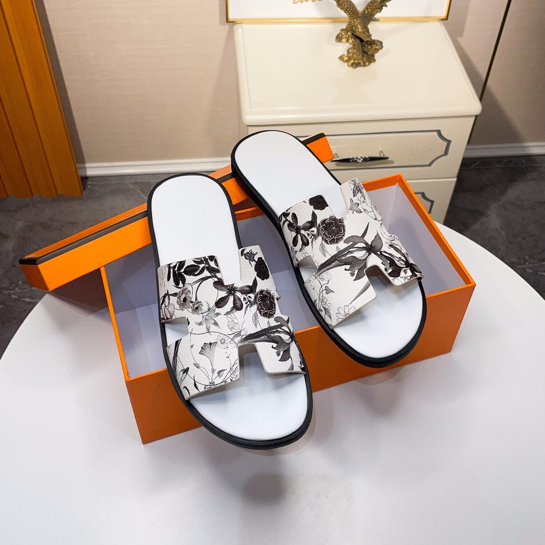 Hermes Izmir Sandal Black Floral Printed Calfskin In White