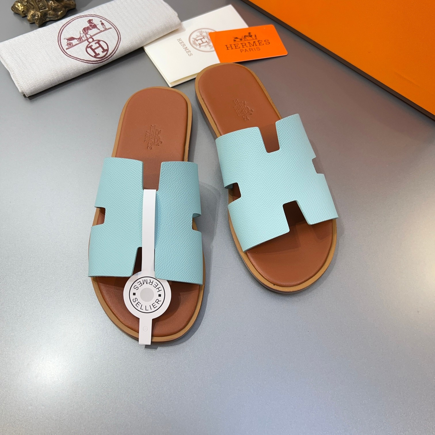 Hermes Izmir Sandal Epsom Calfskin In Aqua Blue/Camel