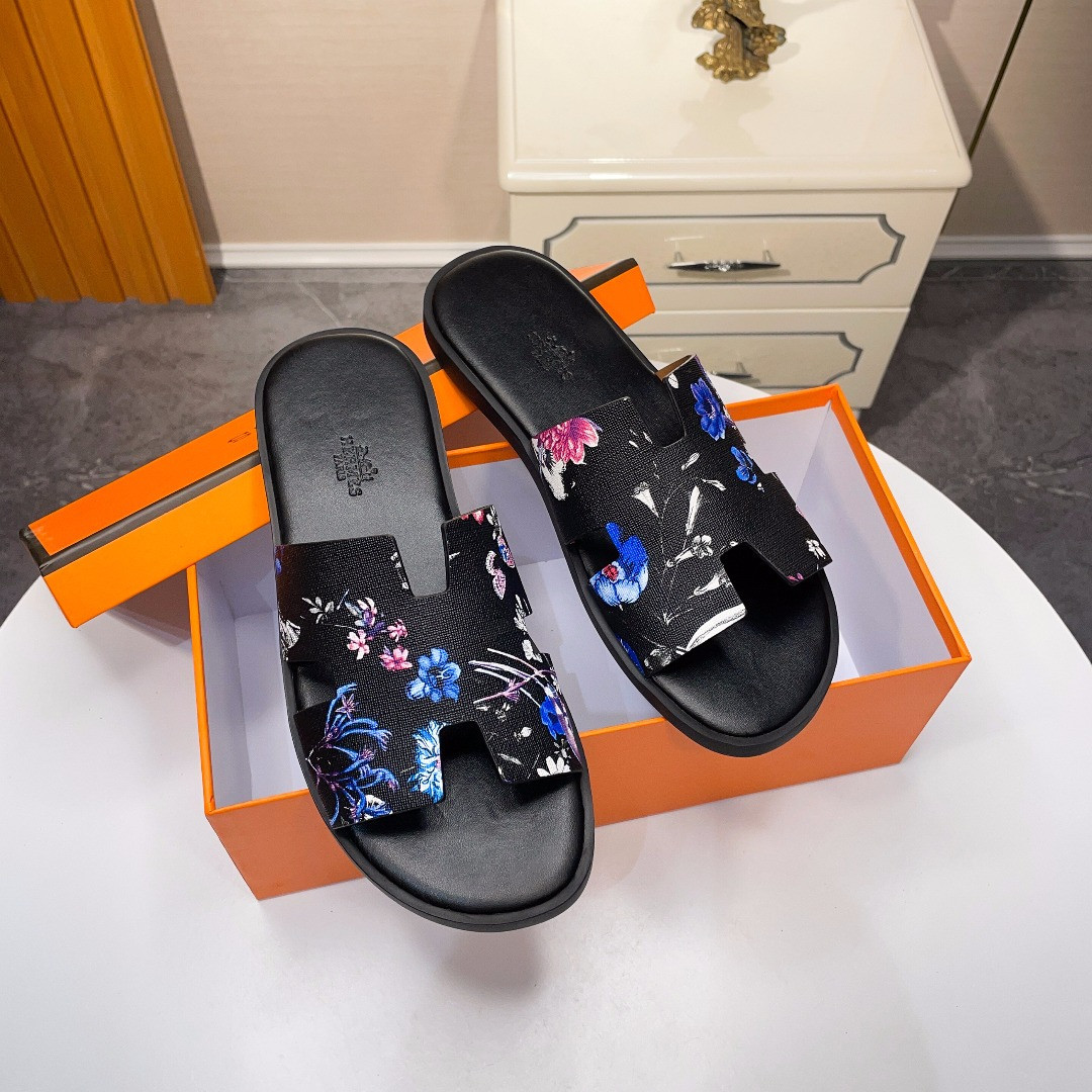 Hermes Izmir Sandal Floral Printed Calfskin In Black