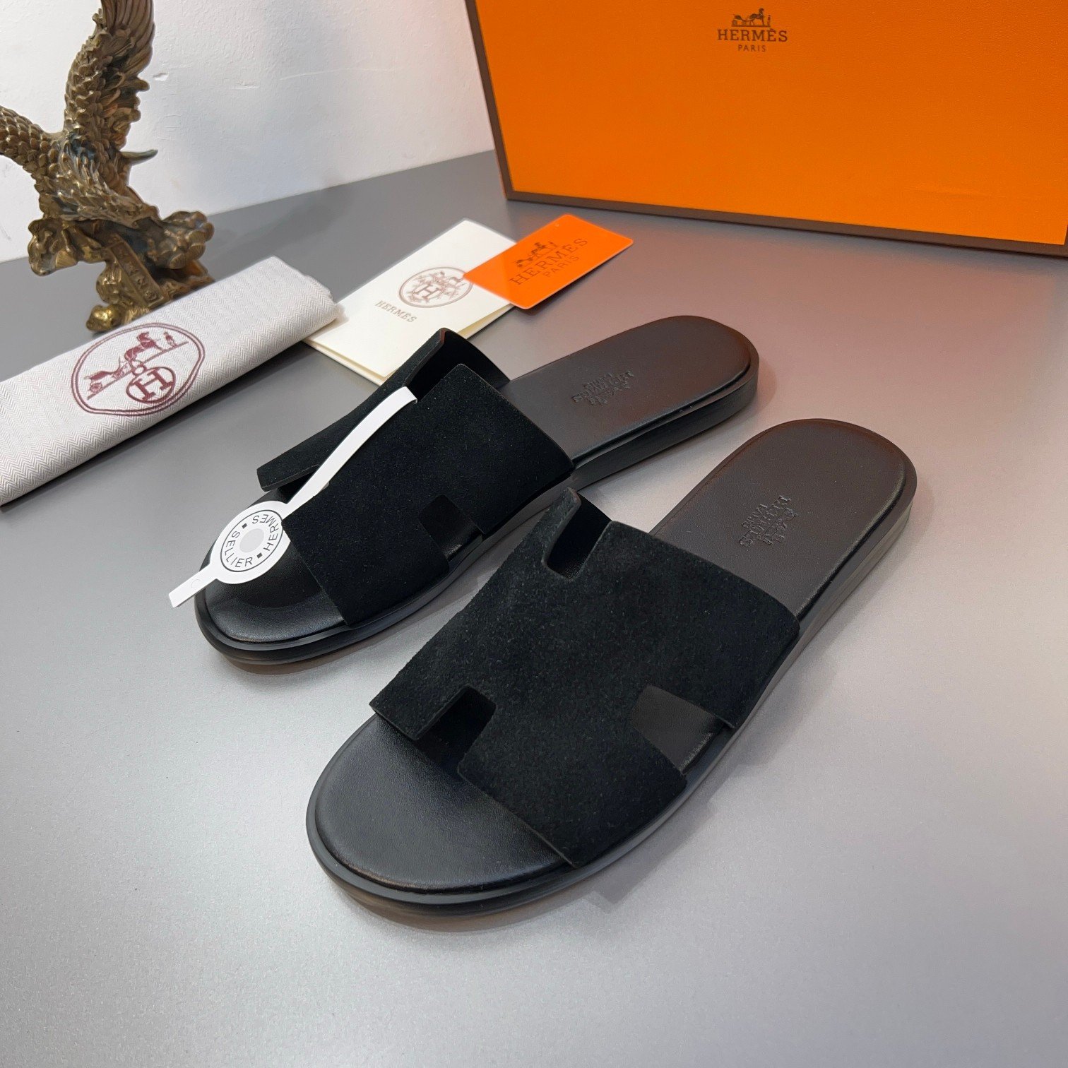 Hermes Izmir Sandal In Black Suede Cowhide