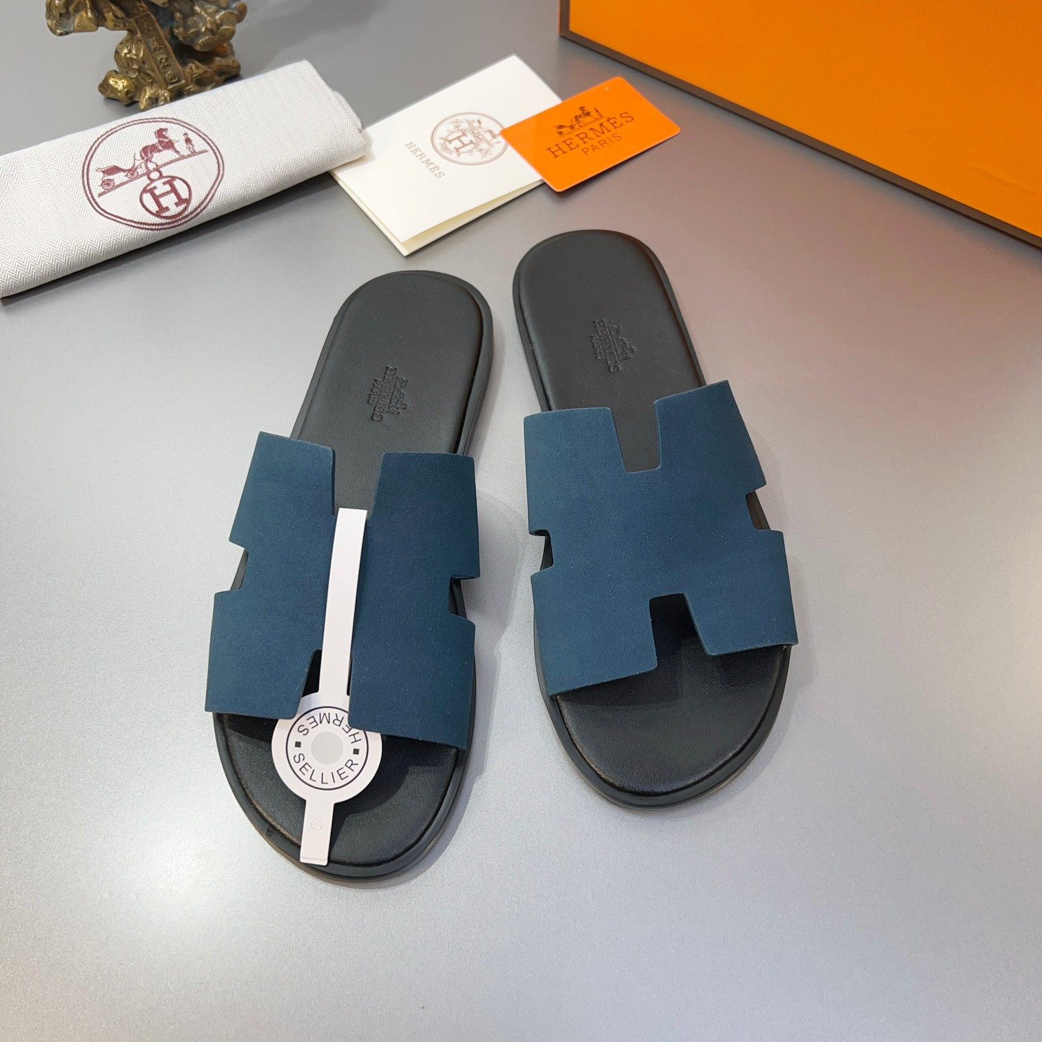 Hermes Izmir Sandal In Blue Suede Cowhide